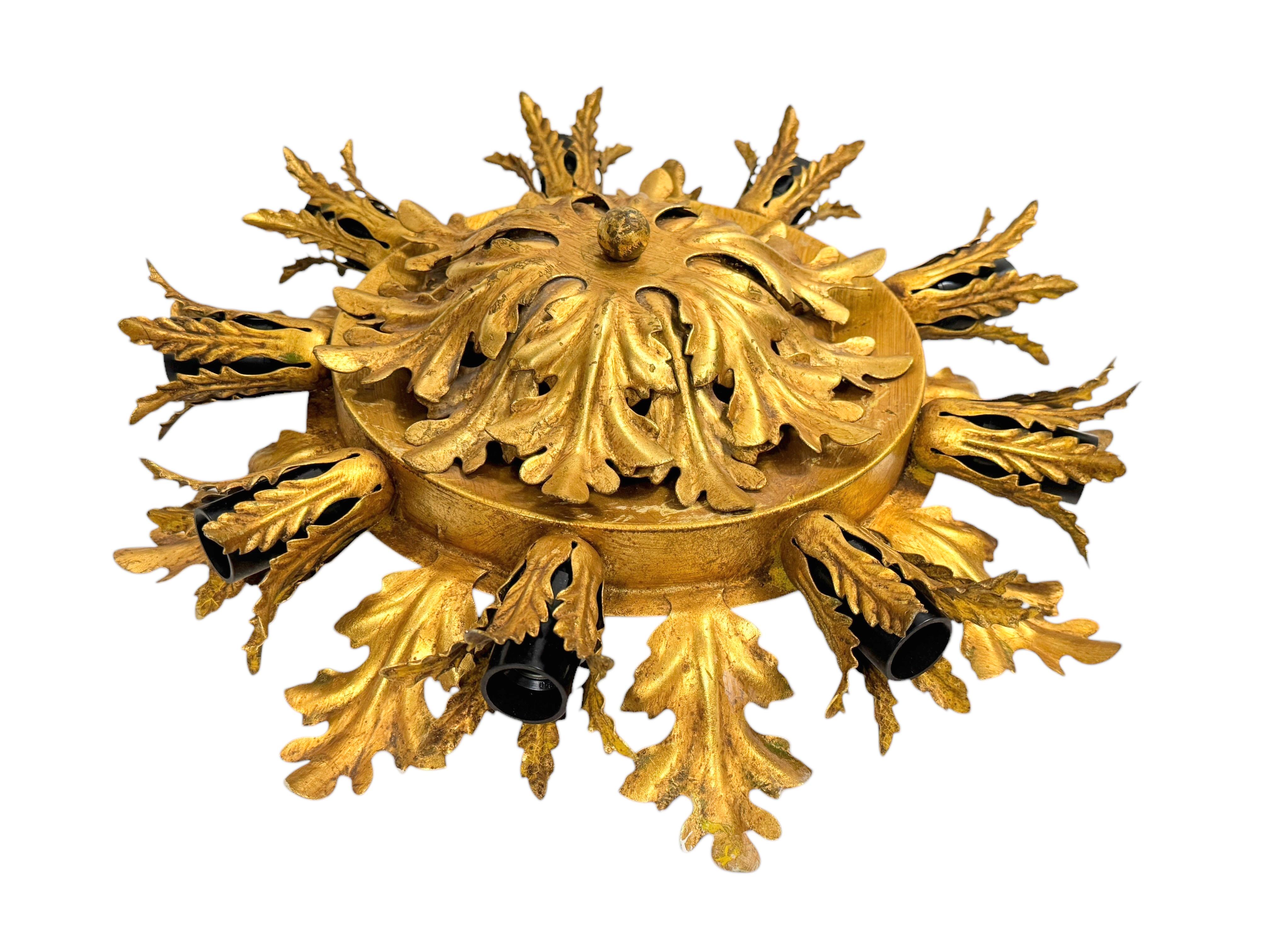 Gilt Acanthus Leafs 9 Light Tole Hollywood Regency Flush Mount, Banci Italy For Sale 7