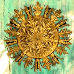 Gilt Acanthus Leafs 9 Light Tole Hollywood Regency Flush Mount, Banci Italy