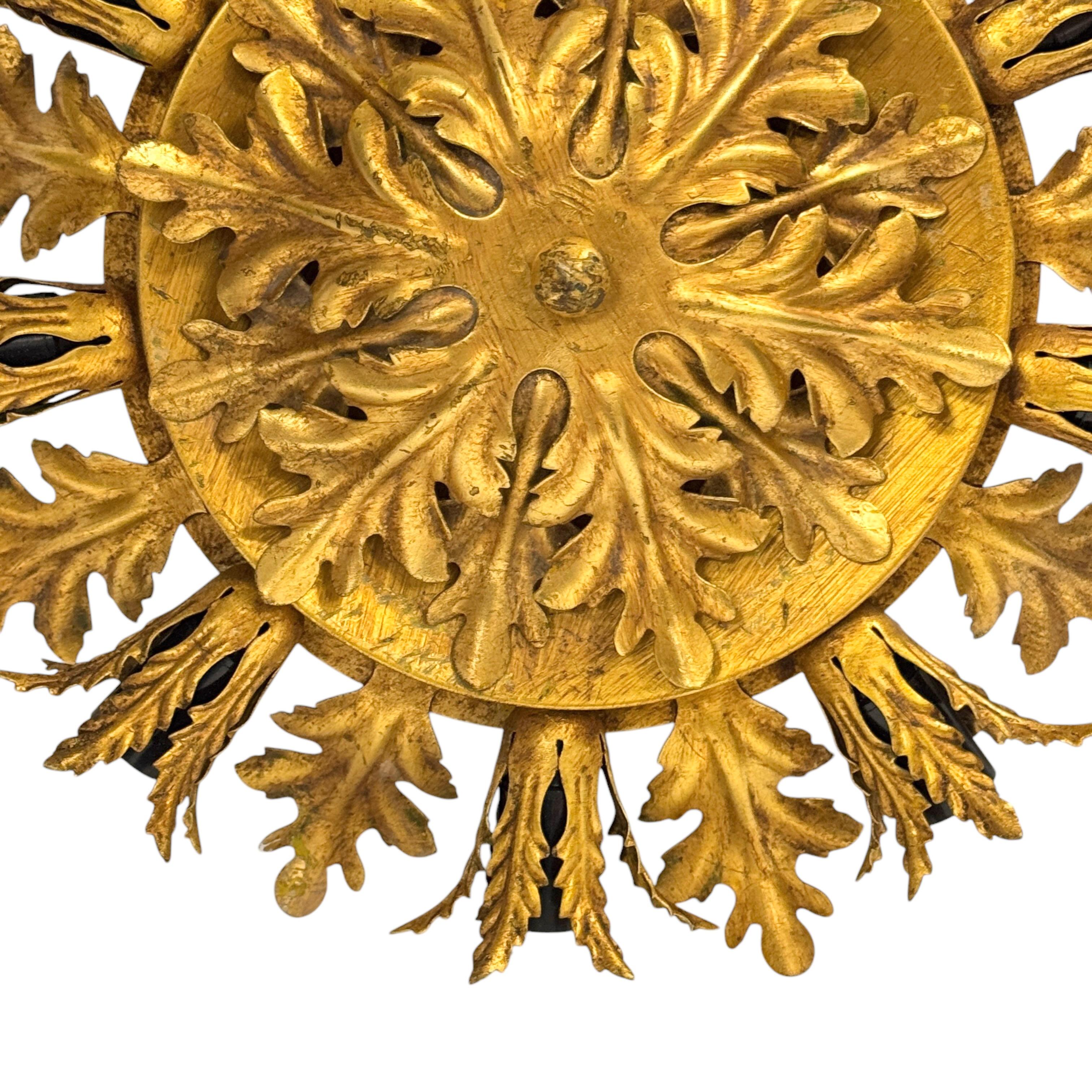 Mid-20th Century Gilt Acanthus Leafs 9 Light Tole Hollywood Regency Flush Mount, Banci Italy For Sale