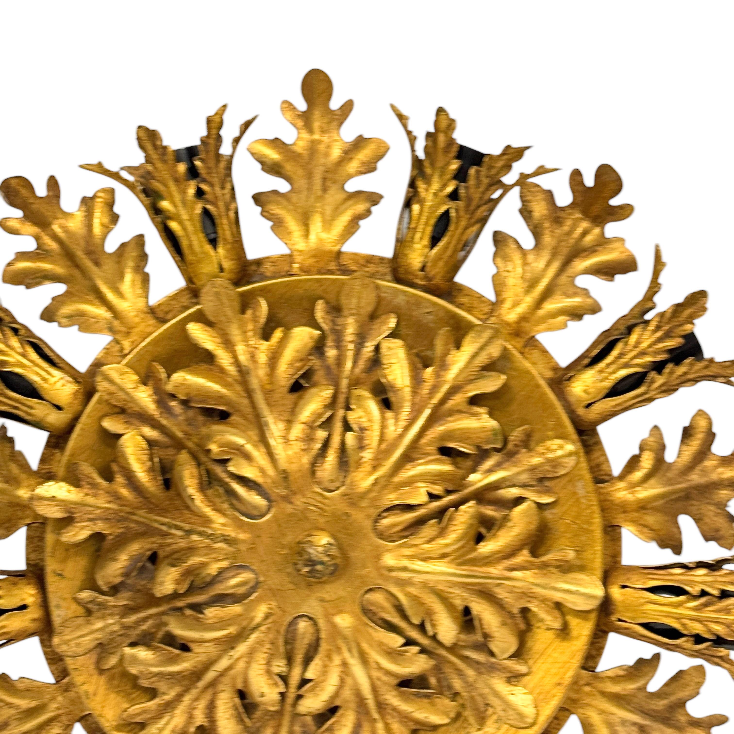 Metal Gilt Acanthus Leafs 9 Light Tole Hollywood Regency Flush Mount, Banci Italy For Sale