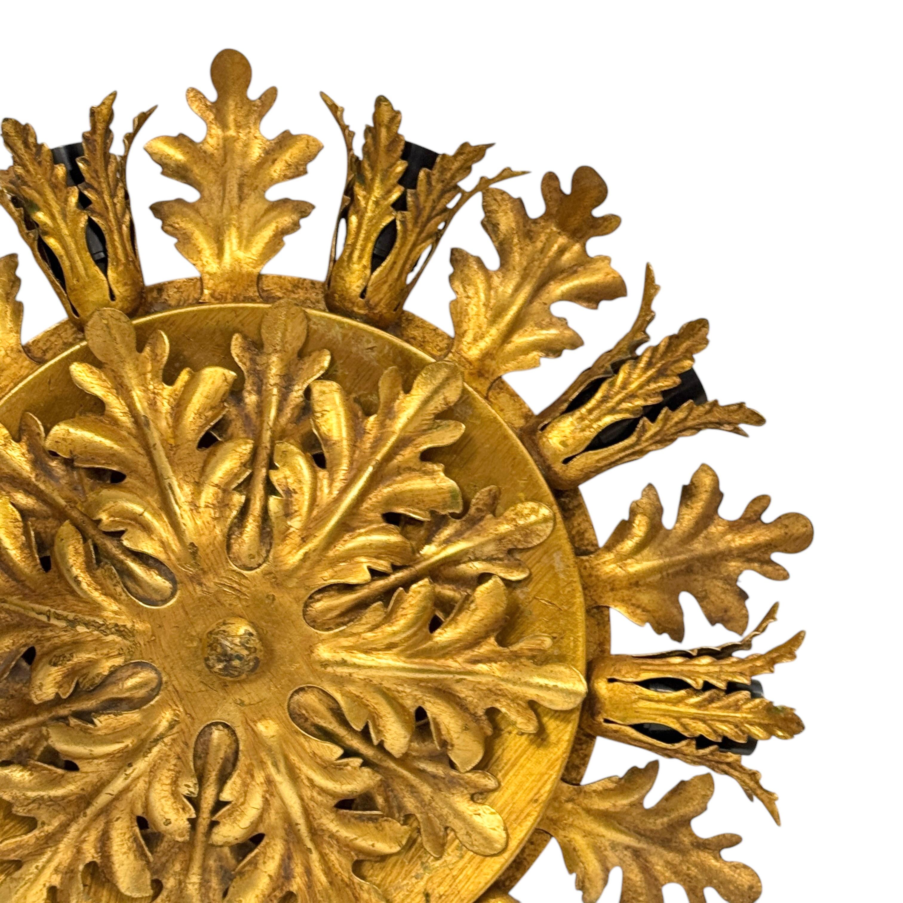 Gilt Acanthus Leafs 9 Light Tole Hollywood Regency Flush Mount, Banci Italy For Sale 1