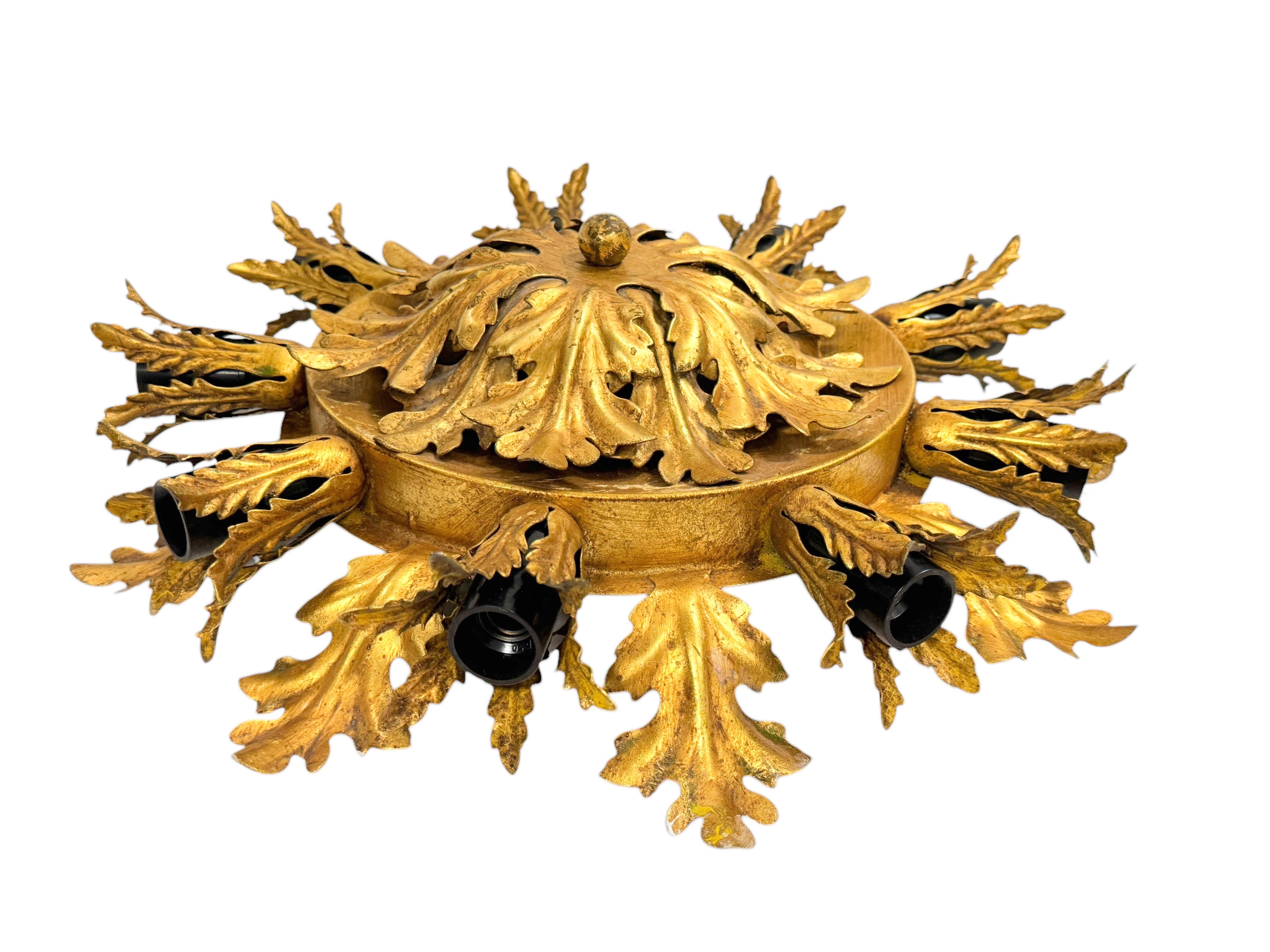 Gilt Acanthus Leafs 9 Light Tole Hollywood Regency Flush Mount, Banci Italy For Sale 2