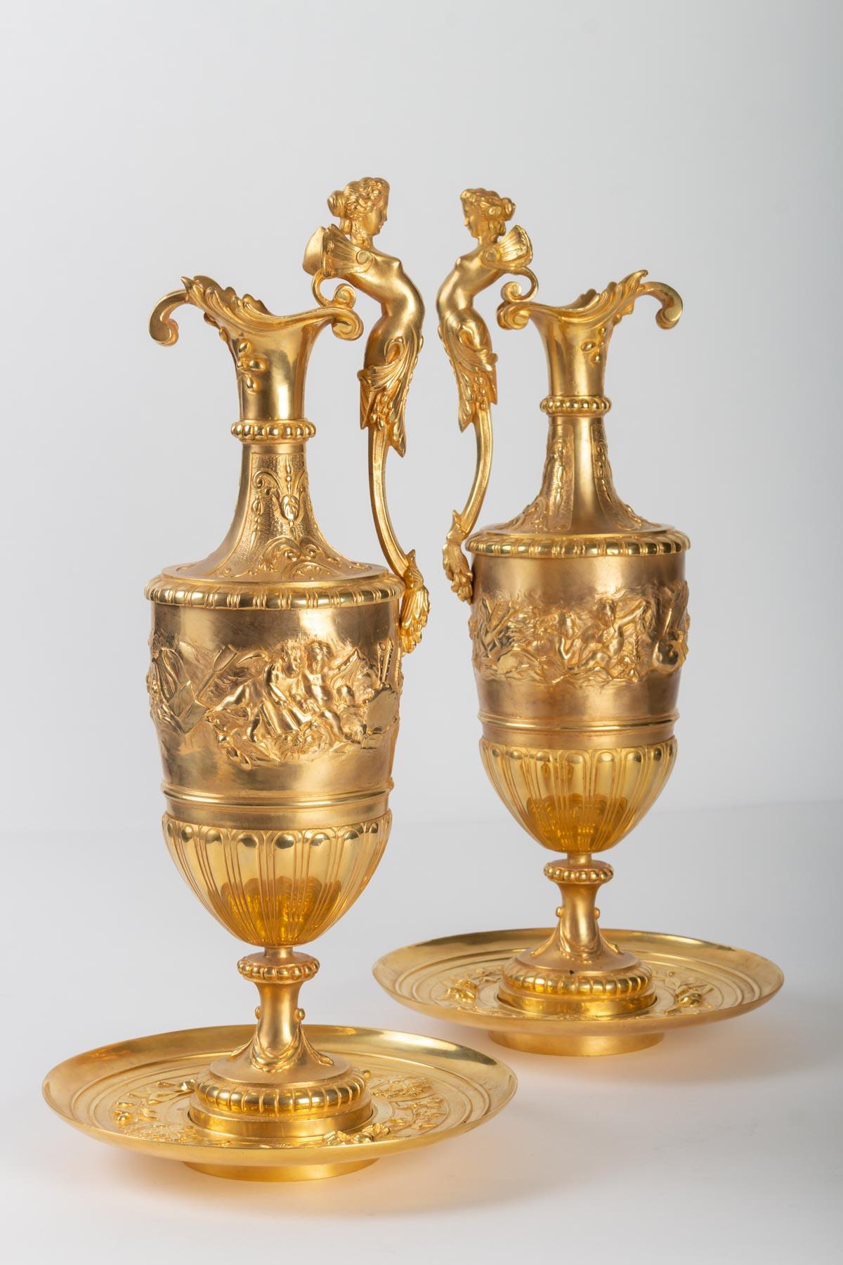 Napoleon III Gilt and Chiseled Bronze Ewers, 19th Century