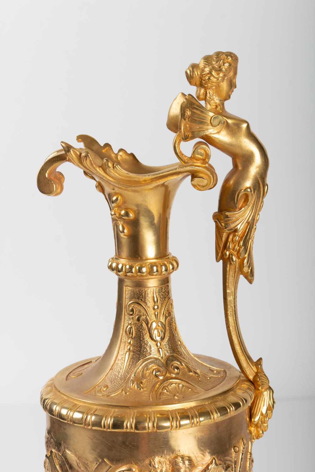 French Gilt and Chiseled Bronze Ewers, 19th Century