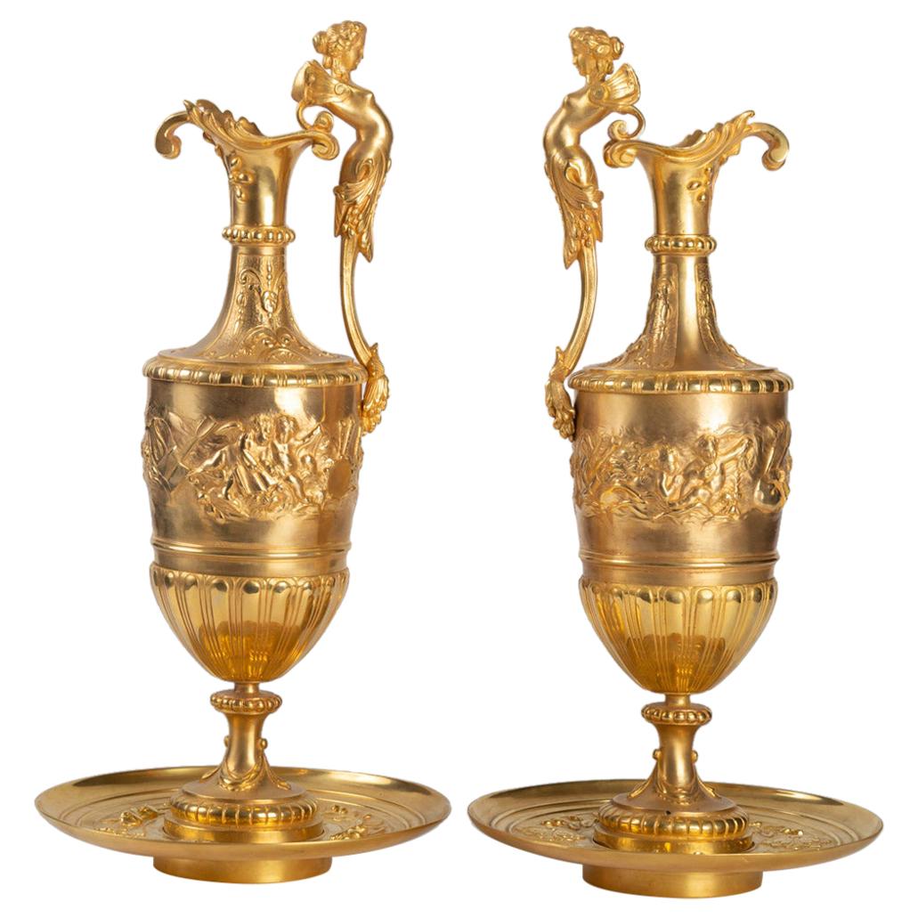 Gilt and Chiseled Bronze Ewers, 19th Century