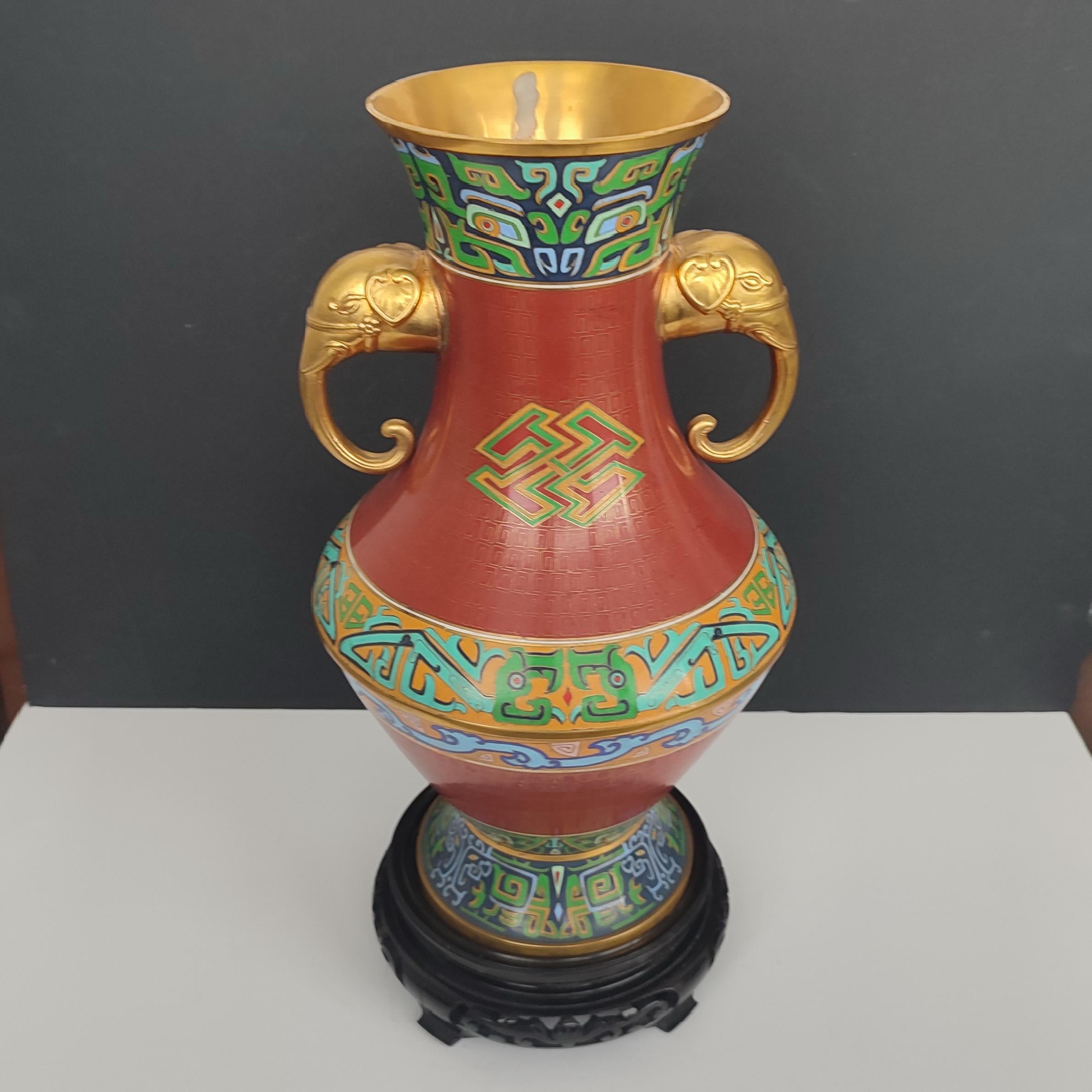 Brass Gilt and Cloisonné Enamel Vase with Handles, Japan, 1950s For Sale