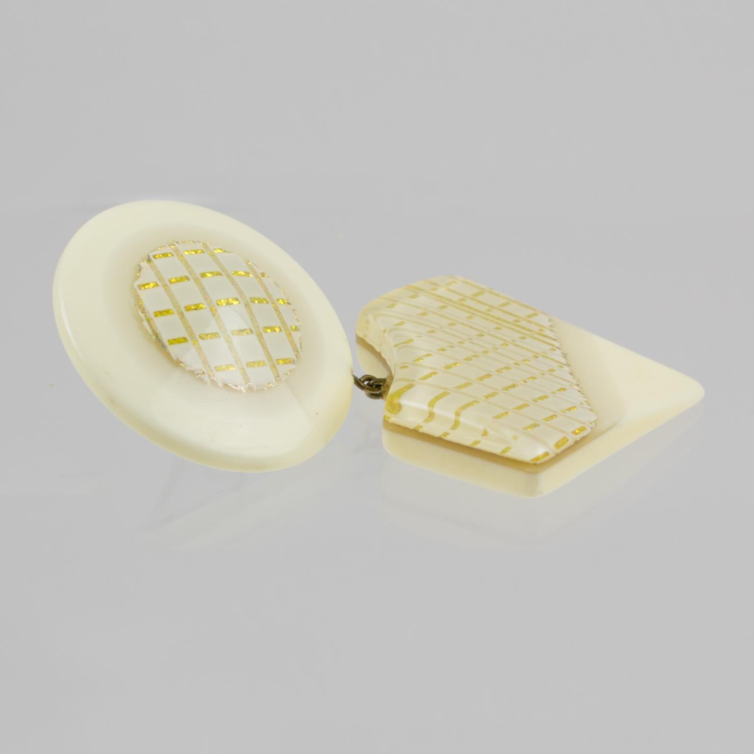 Women's or Men's Gilt and Cream Lucite Dangle Clip Earrings with Geometric Design For Sale
