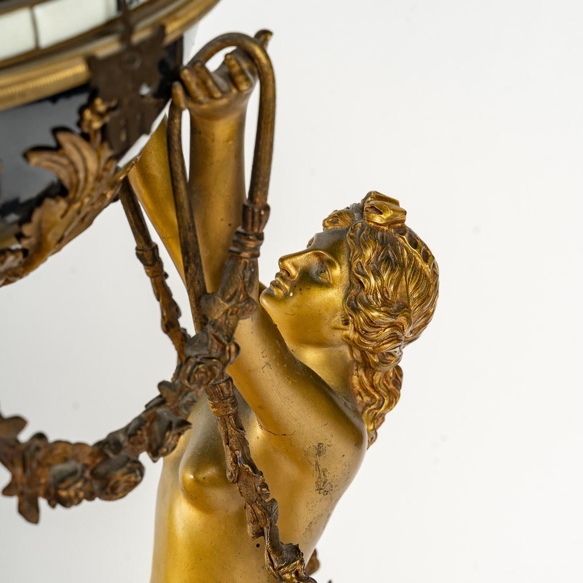 French Gilt and Enameled Bronze Clock, White Marble, the Three Graces For Sale