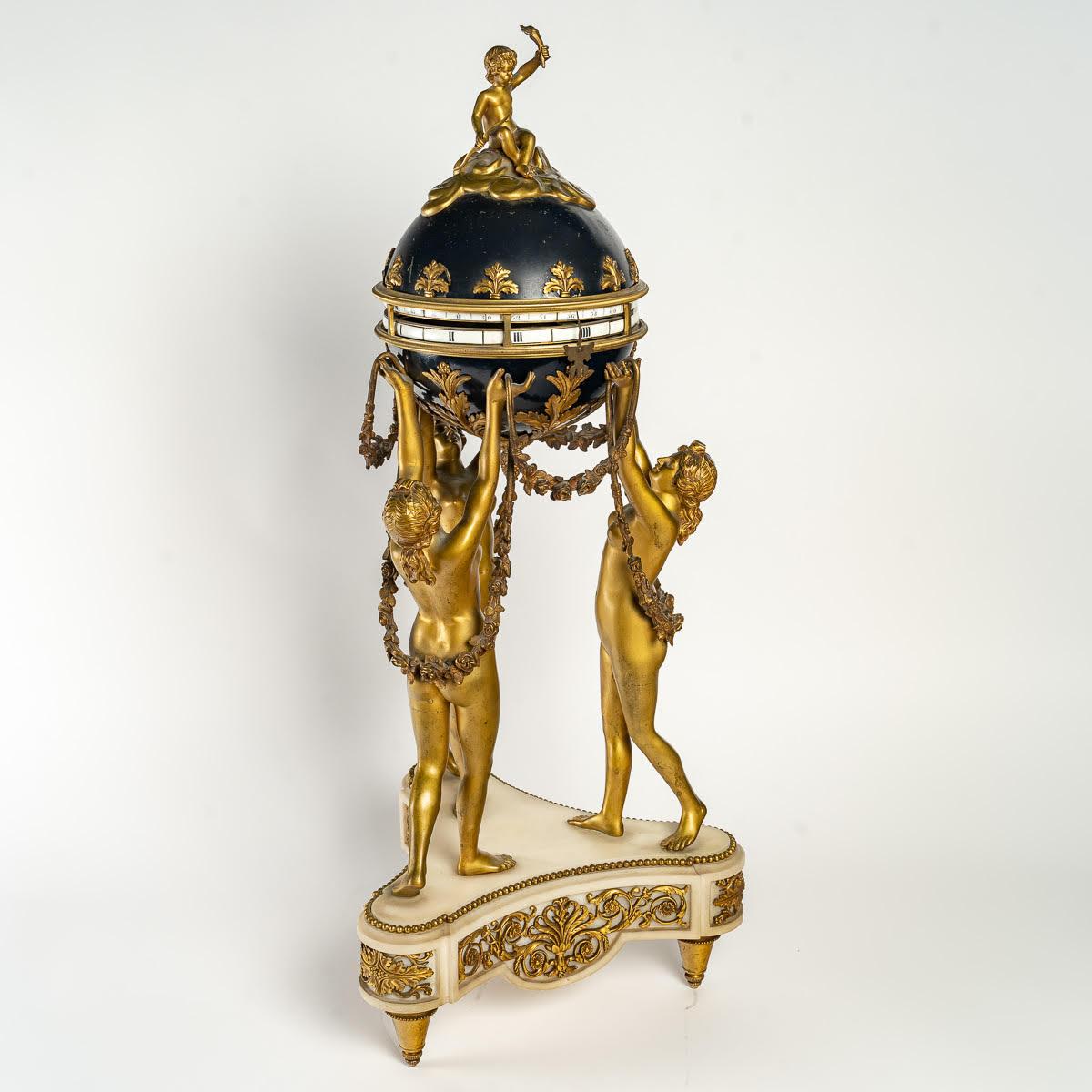 Gilt and Enameled Bronze Clock, White Marble, the Three Graces In Good Condition For Sale In Saint-Ouen, FR