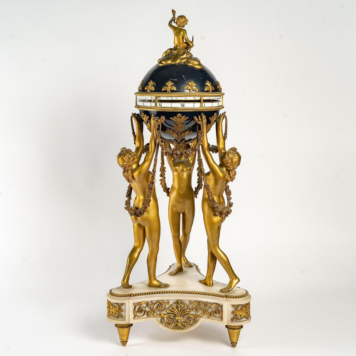 Gilt and Enameled Bronze Clock, White Marble, the Three Graces 2