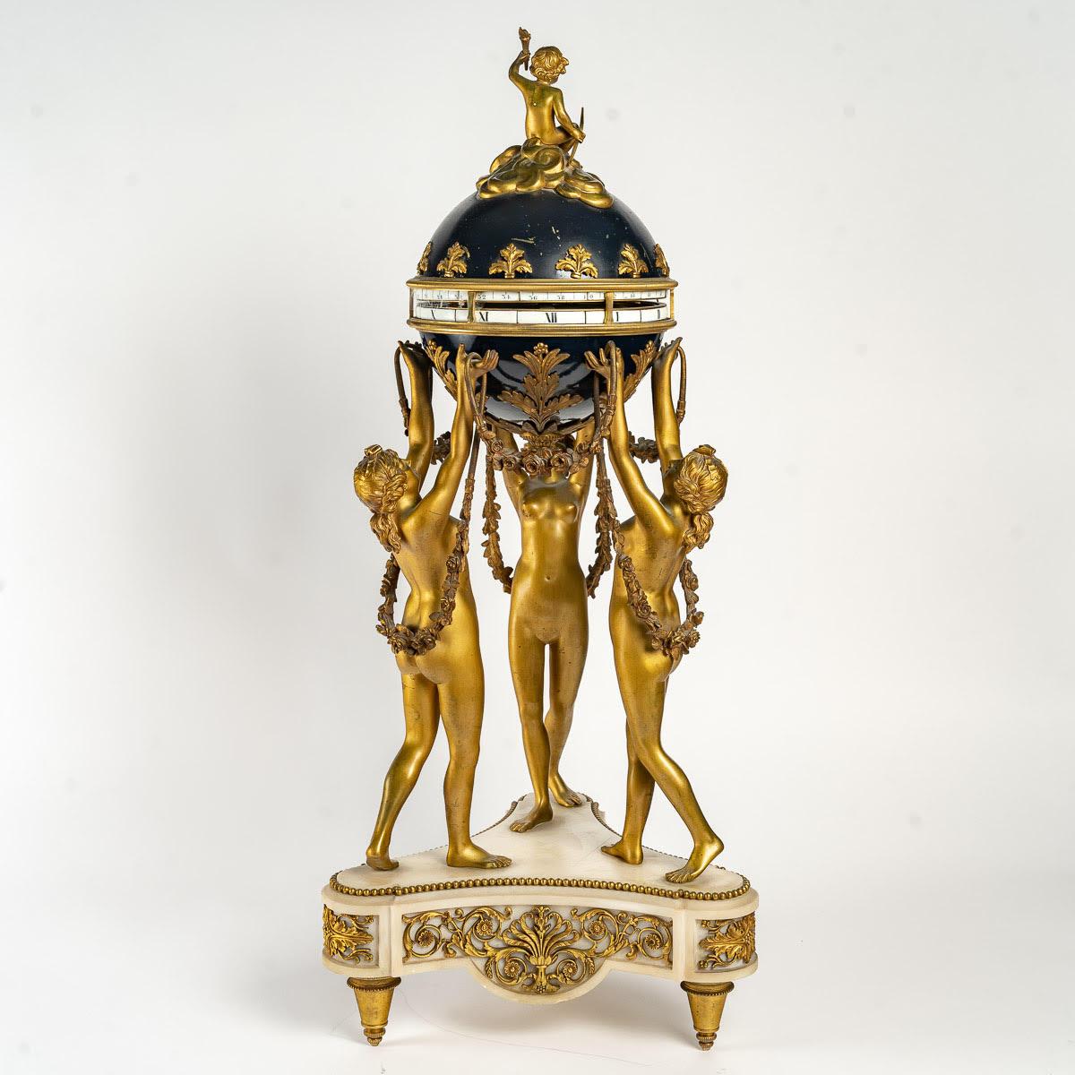 Gilt and Enameled Bronze Clock, White Marble, the Three Graces For Sale 2