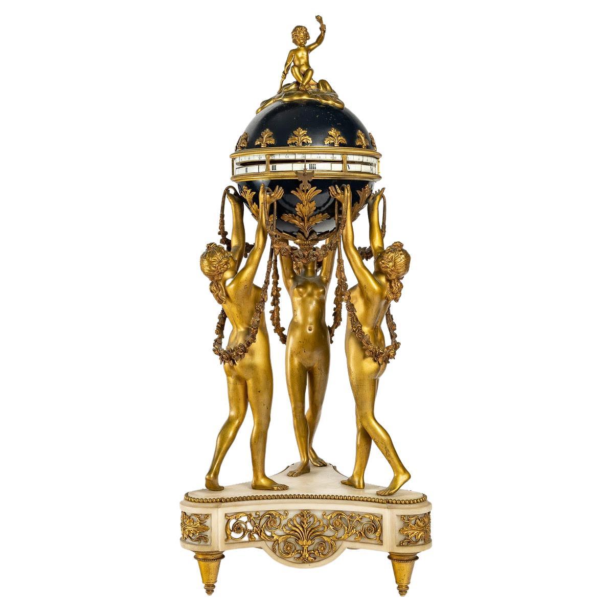 Gilt and Enameled Bronze Clock, White Marble, the Three Graces For Sale