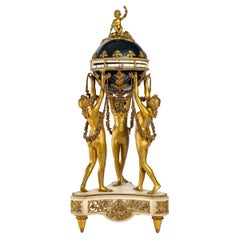 Gilt and Enameled Bronze Clock, White Marble, the Three Graces