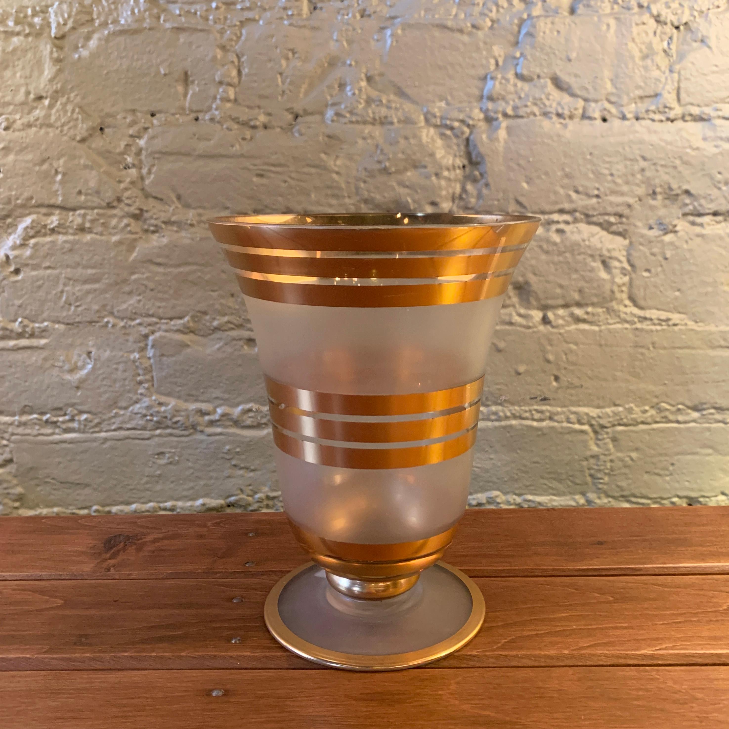Decorative, midcentury, frosted glass vase features gilt banded detail.