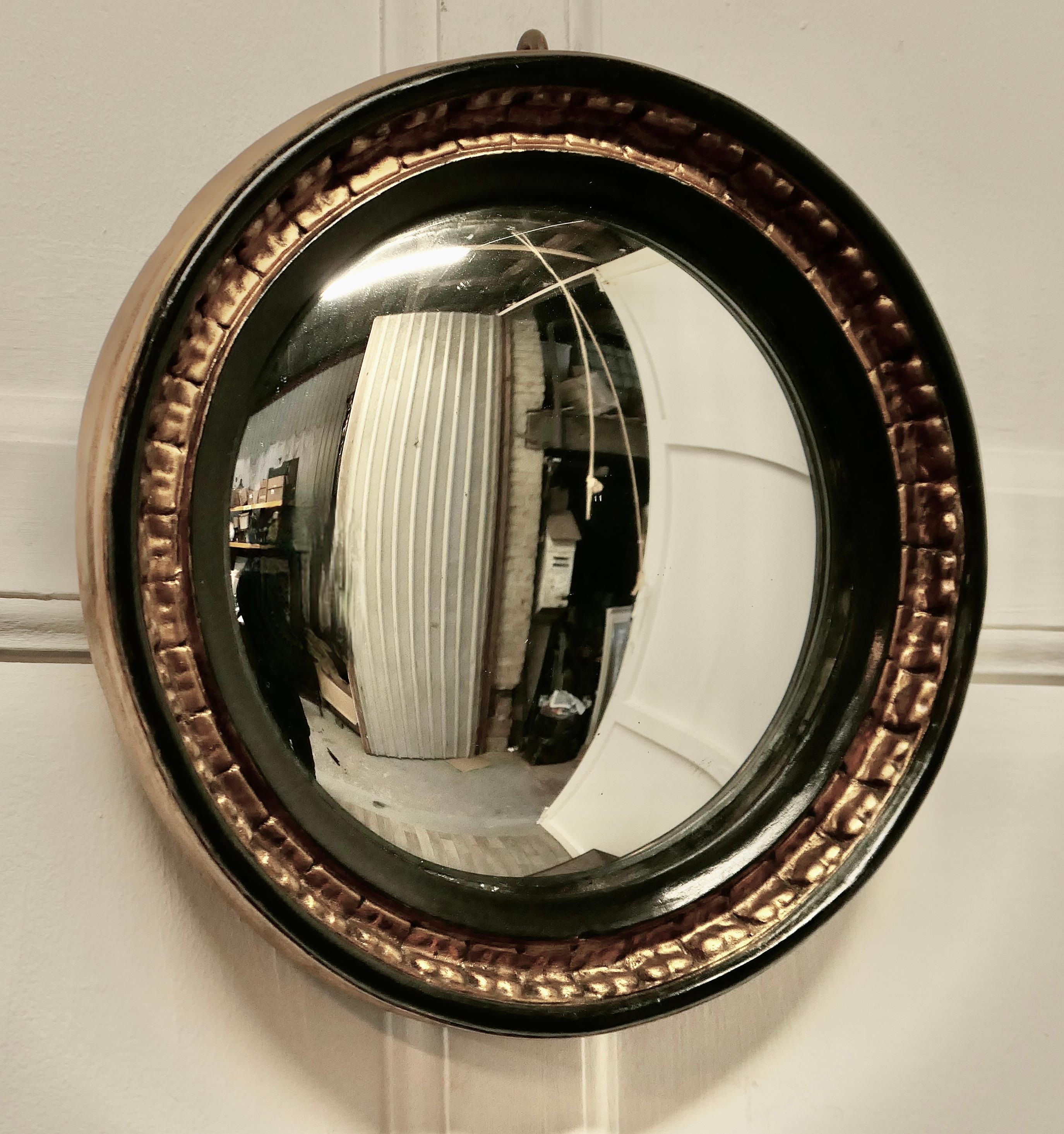 Gilt and Lacquer French convex wall mirror 


This is a very attractive Mirror has a 2” wide Black Lacquer and Gilt Gesso frame and has a convex looking glass ( Also known as a Witches EYE” )
The mirror is in good condition as is the original