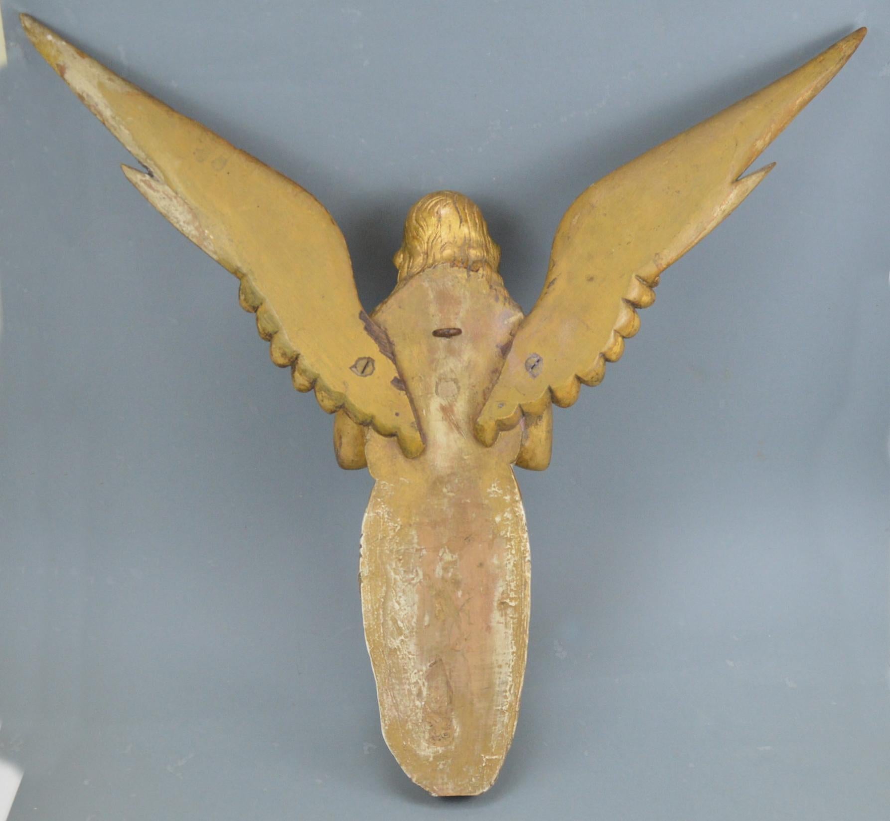 Gilt and Painted Carved Wooden Angel Wall-Sculpture, 19th Century  2