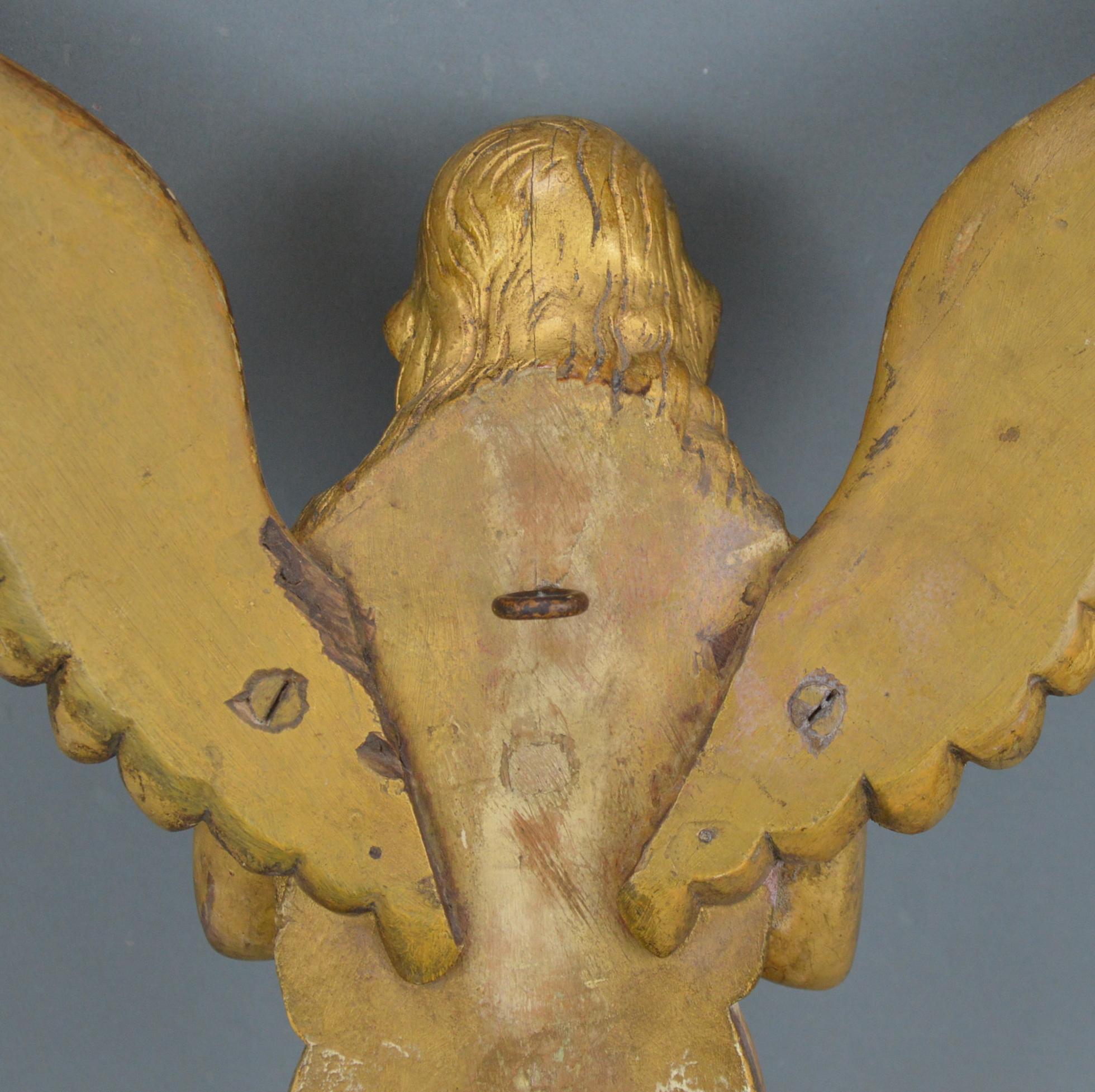 Gilt and Painted Carved Wooden Angel Wall-Sculpture, 19th Century  3
