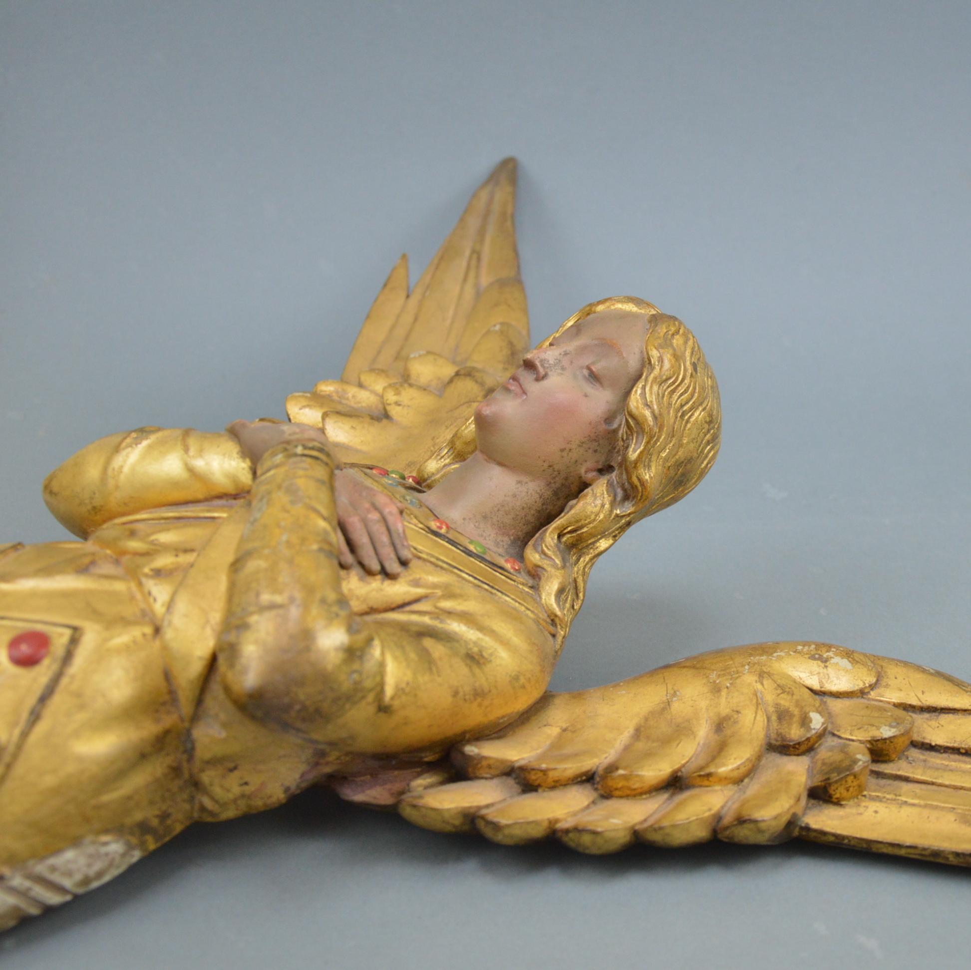 Gilt and Painted Carved Wooden Angel Wall-Sculpture, 19th Century  4