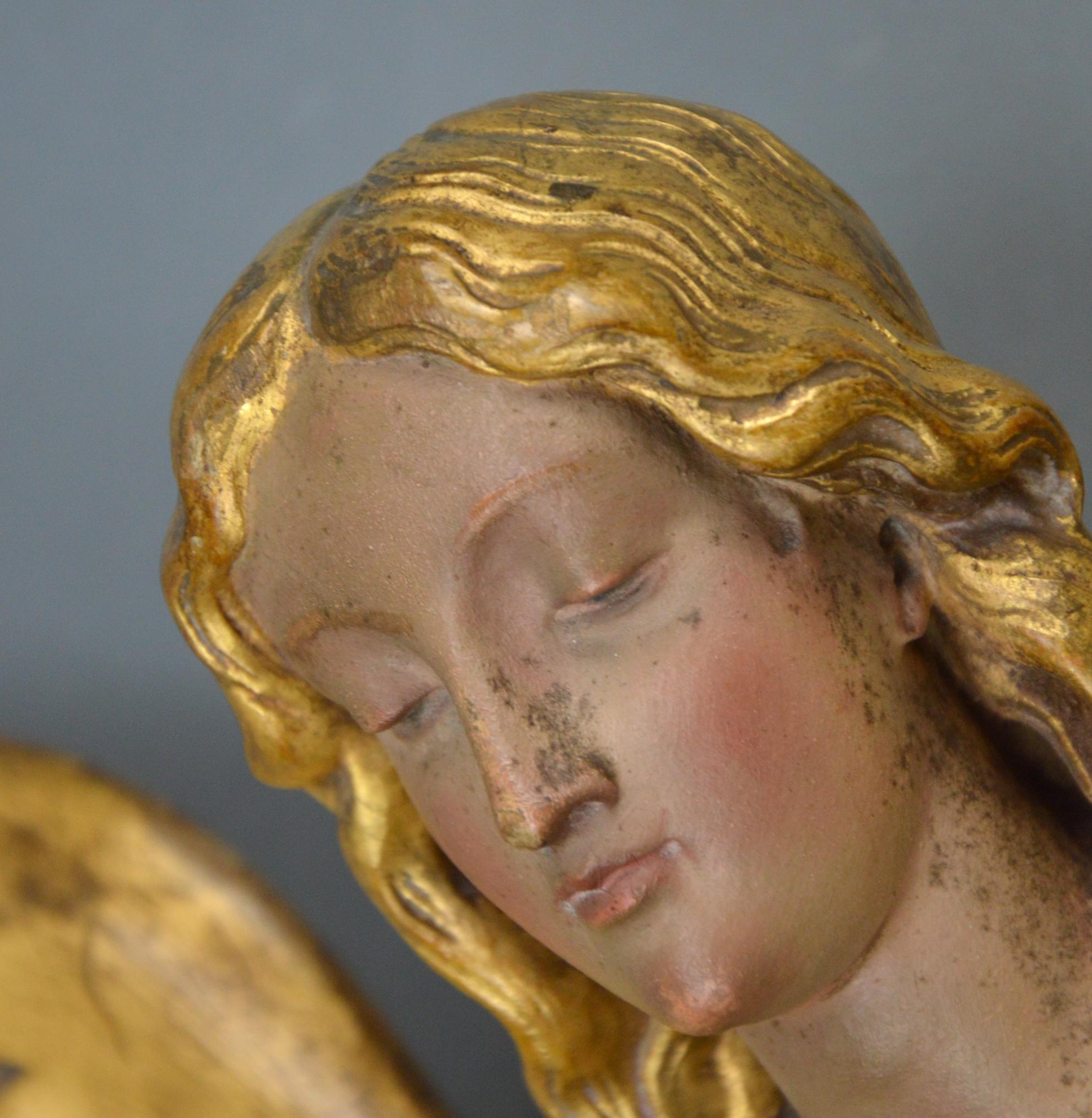 Gilt and Painted Carved Wooden Angel Wall-Sculpture, 19th Century  5