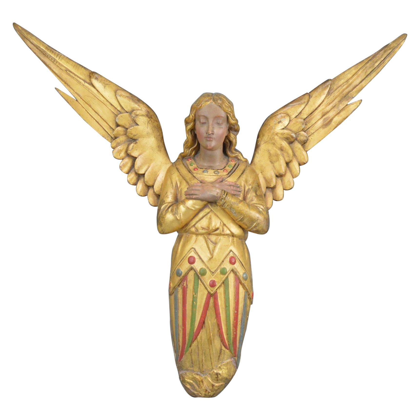 Gilt and Painted Carved Wooden Angel Wall-Sculpture, 19th Century 