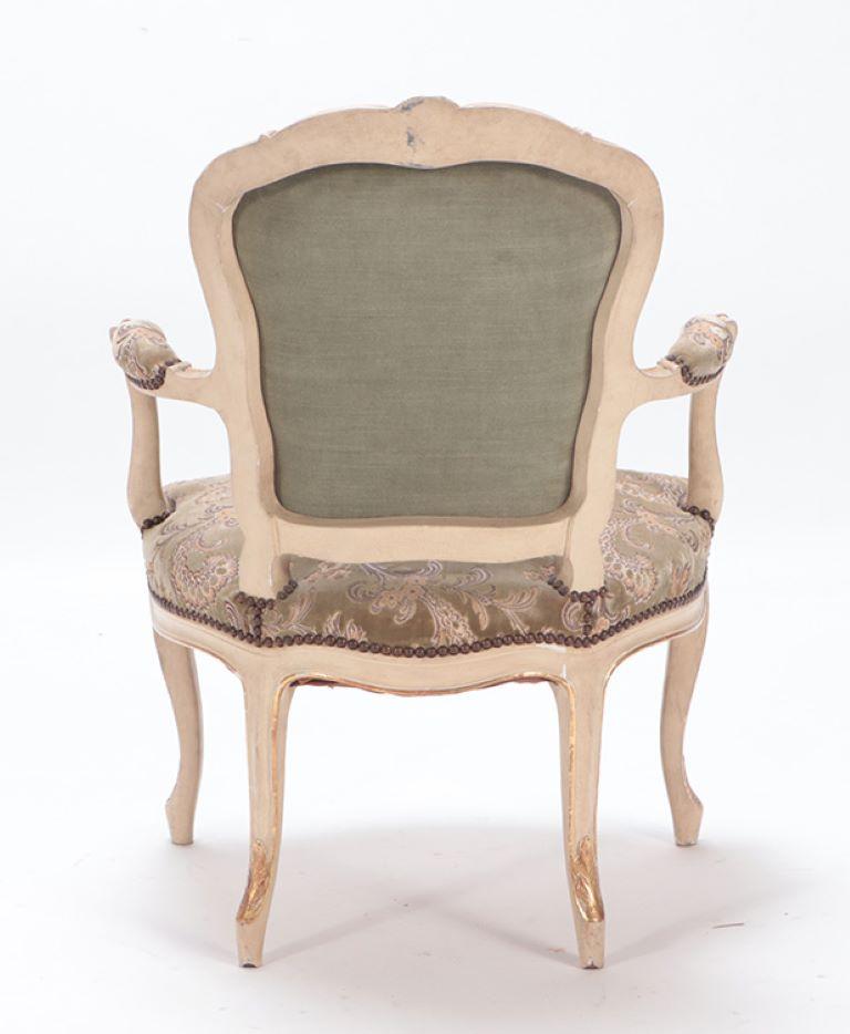 Gilt and painted French upholstered open armchair in the Louis XV style. For Sale 1
