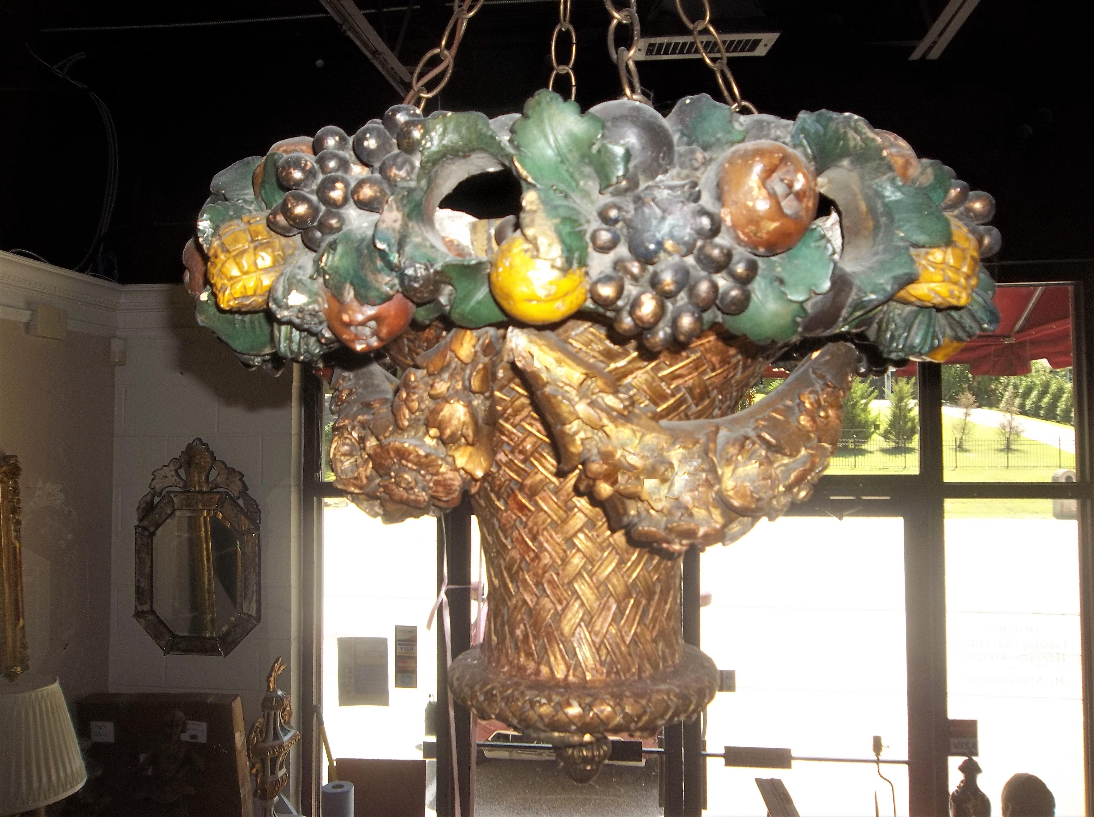 Italian Gilt and Painted  Hanging Pendant Basket Chandelier Uplight Lantern  For Sale