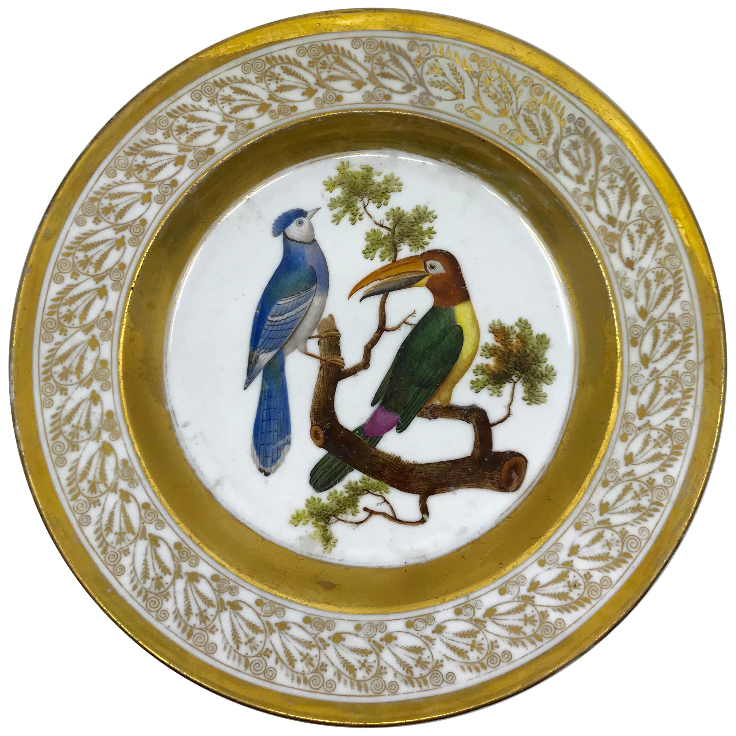 Assiette à oiseaux néoclassique française Empire peinte et dorée