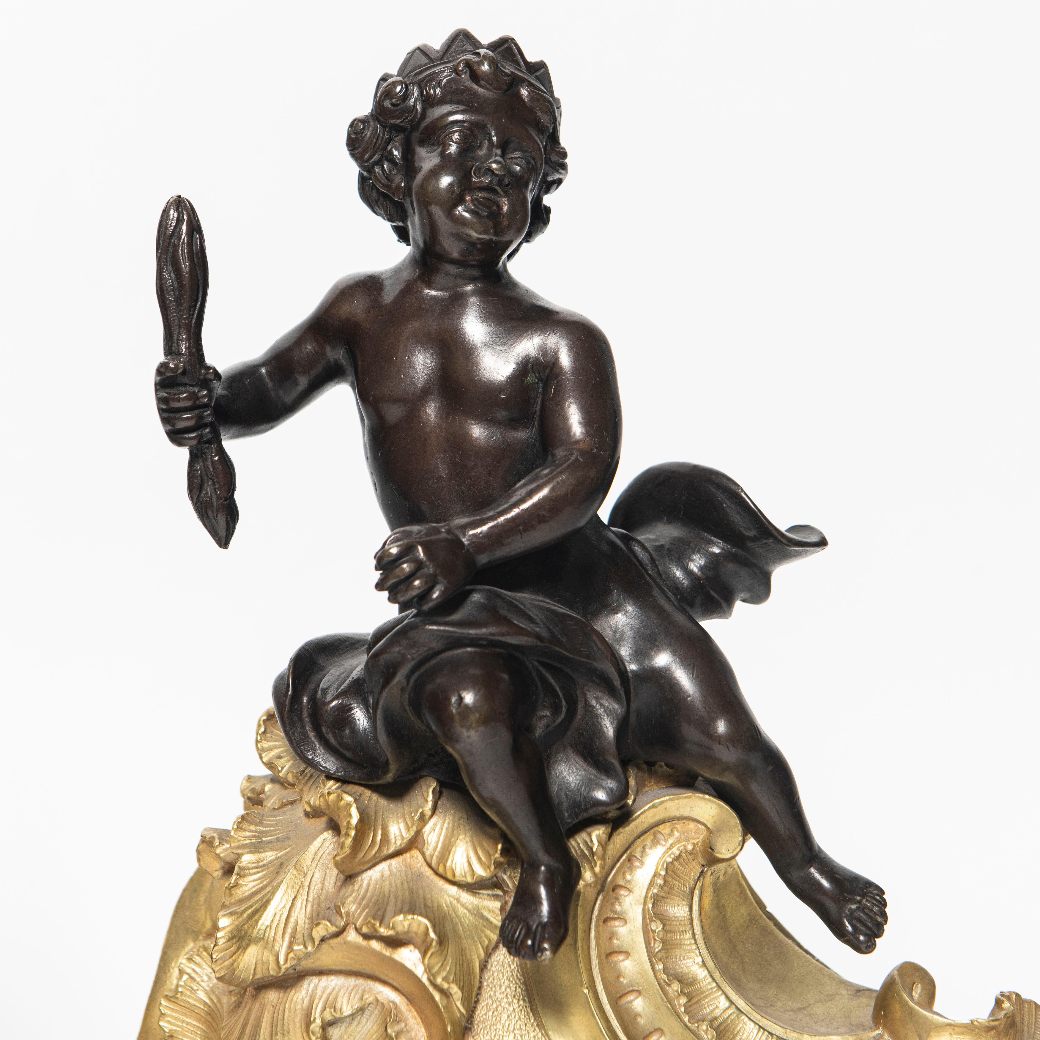 Rococo Gilt and Patinated Bronze Andirons with Figures, C. 1890 For Sale