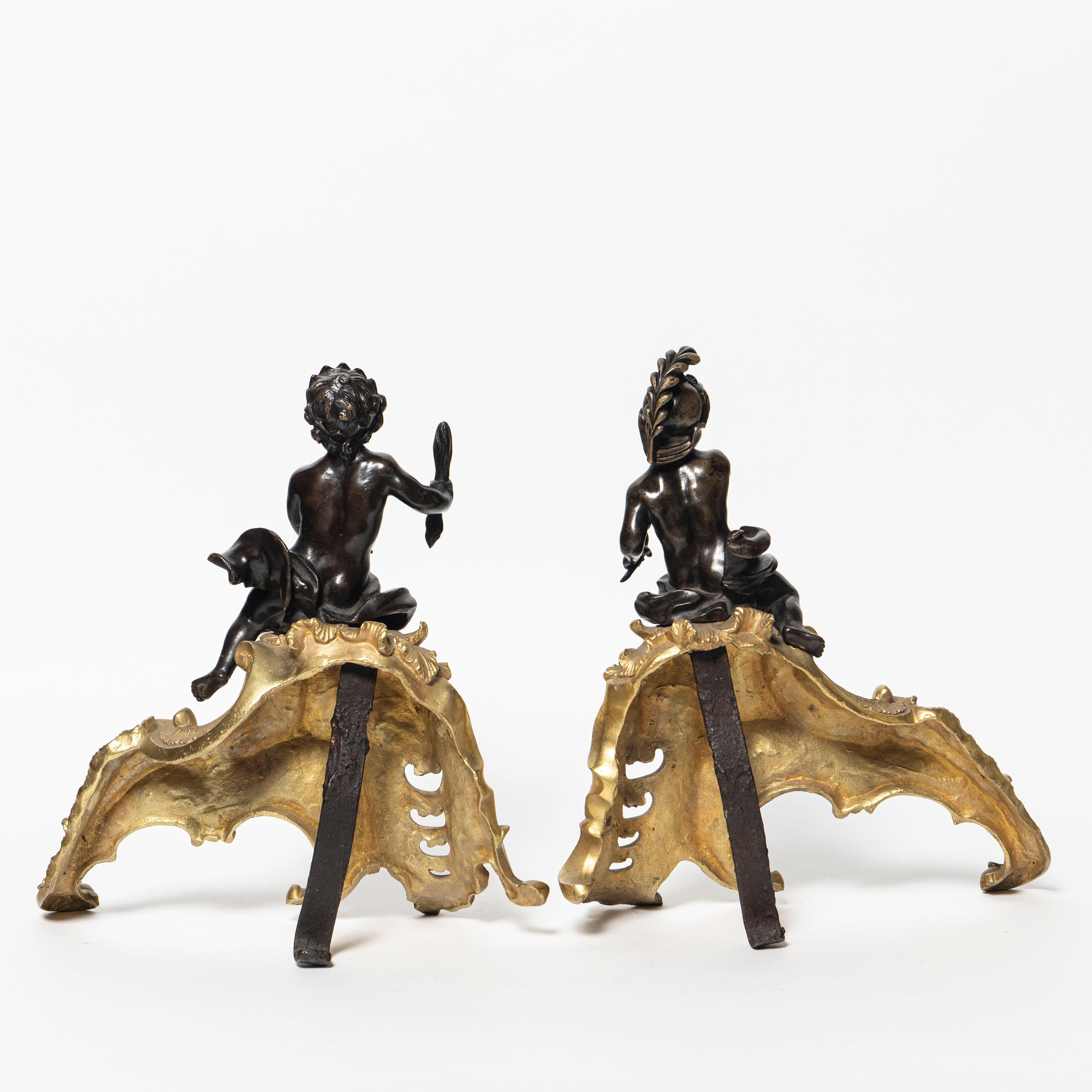 Late 19th Century Gilt and Patinated Bronze Andirons with Figures, C. 1890 For Sale