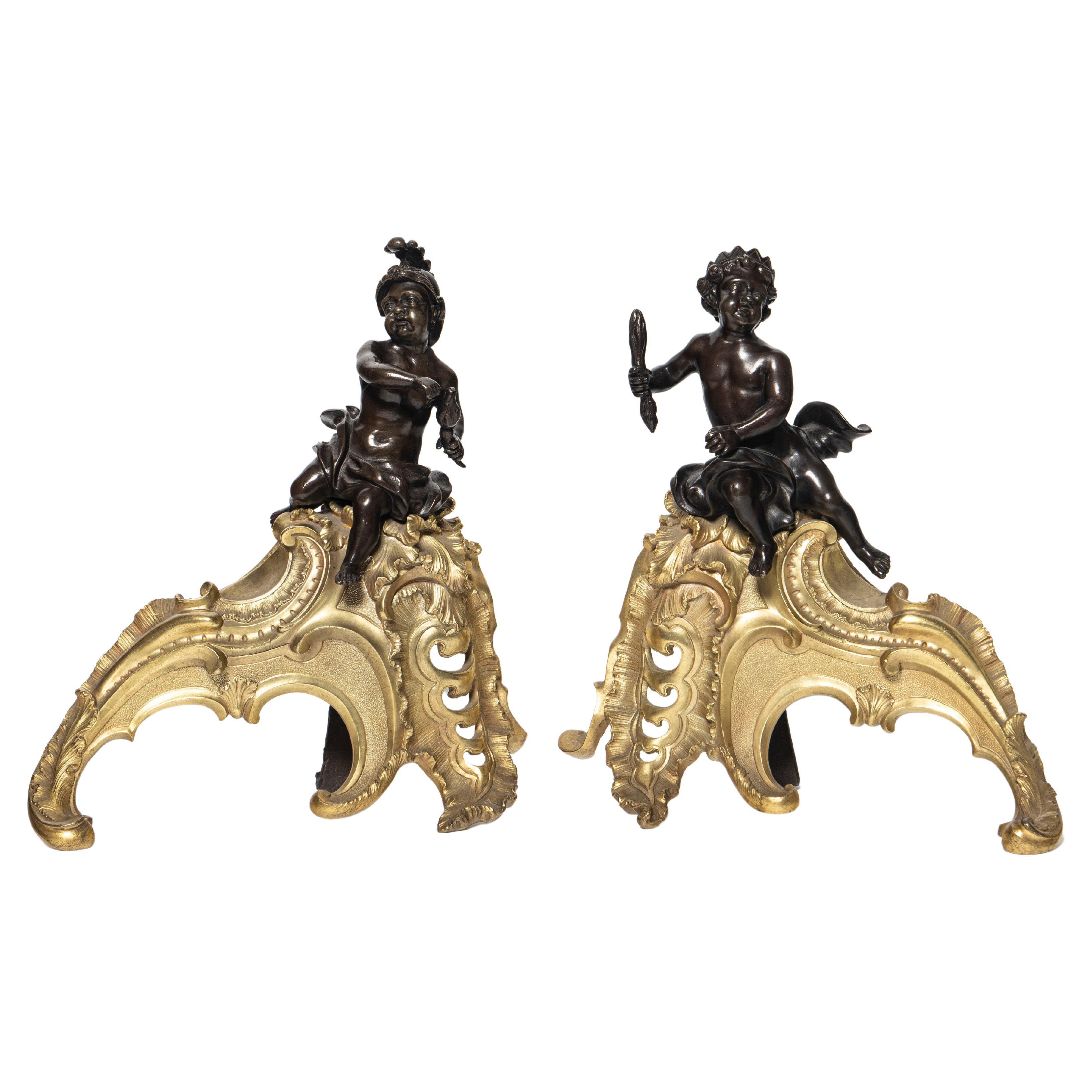 Gilt and Patinated Bronze Andirons with Figures, C. 1890