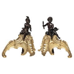Antique Gilt and Patinated Bronze Andirons with Figures, C. 1890