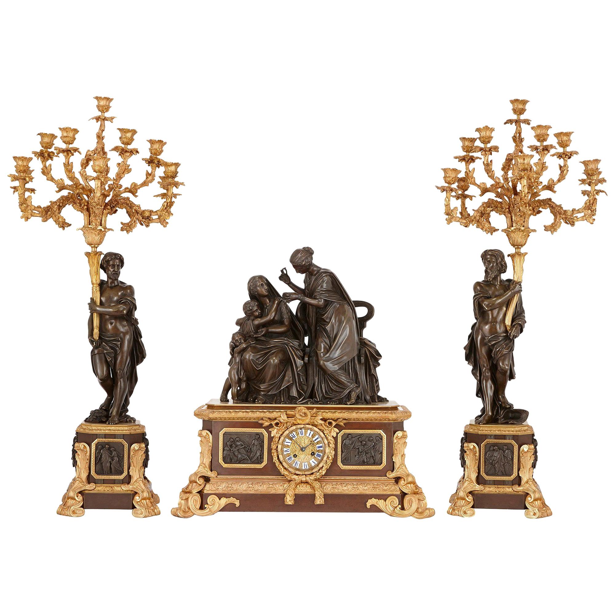 Gilt and Patinated Bronze Antique French Clock Set by Picard