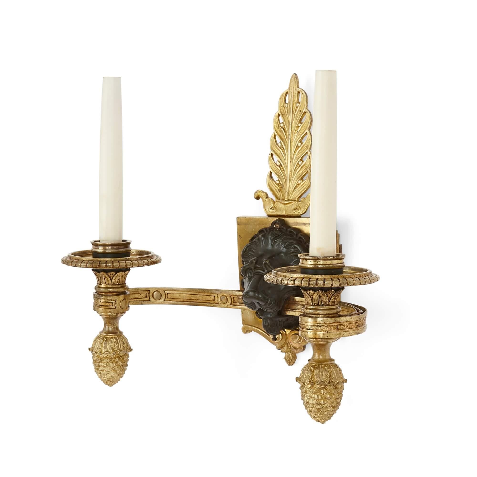 French Gilt and Patinated Bronze Empire-Style Wall Lights For Sale