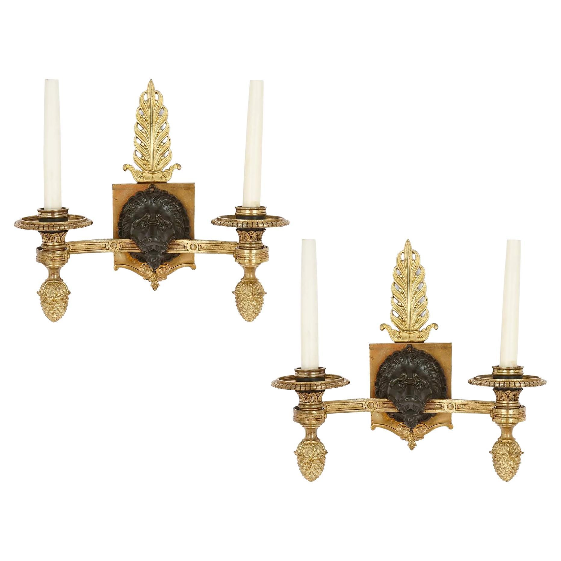 Gilt and Patinated Bronze Empire-Style Wall Lights For Sale