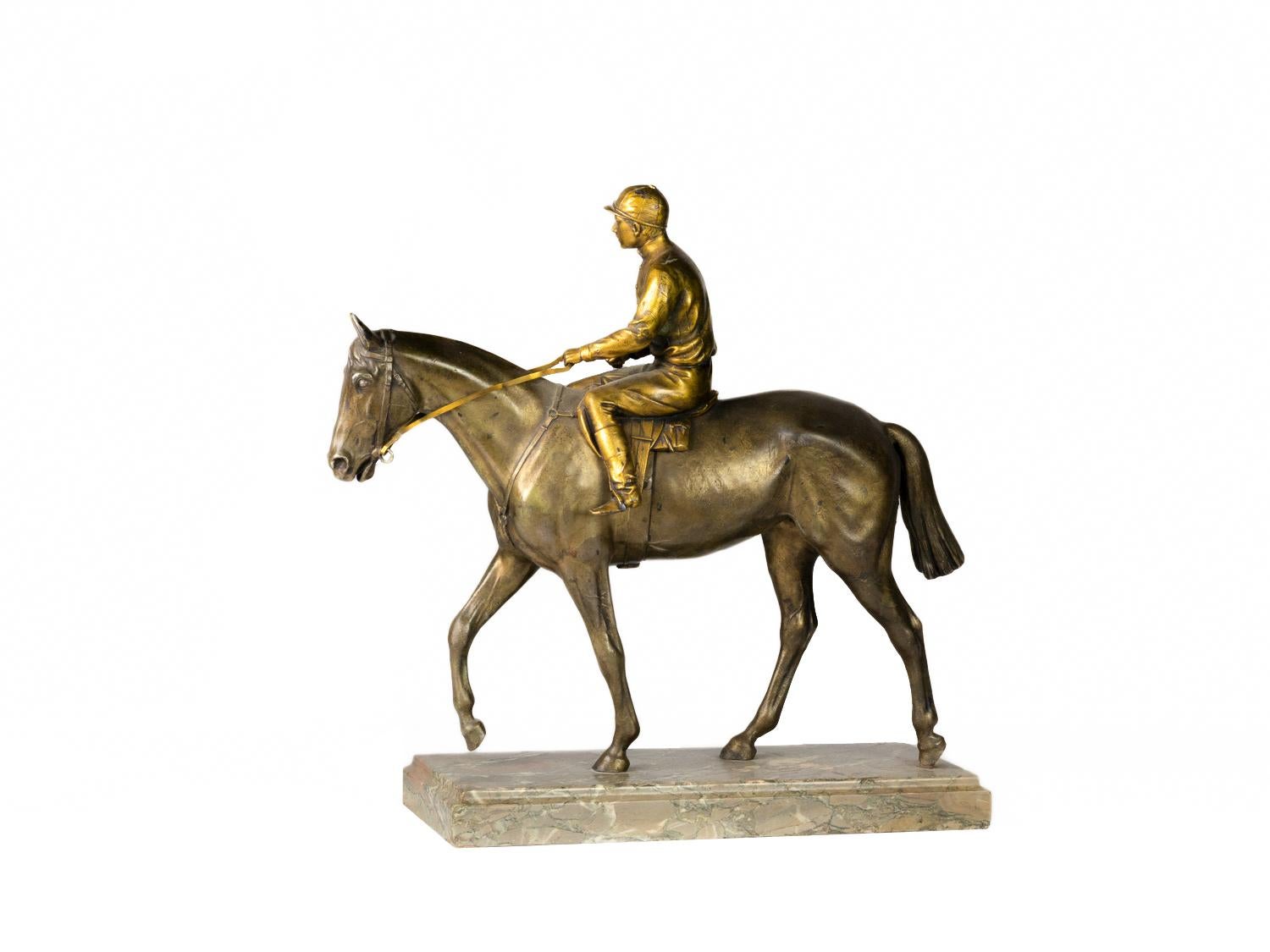Gilt and Patinated Bronze Jockey on A Horse, 19th Century In Good Condition For Sale In Lisbon, PT