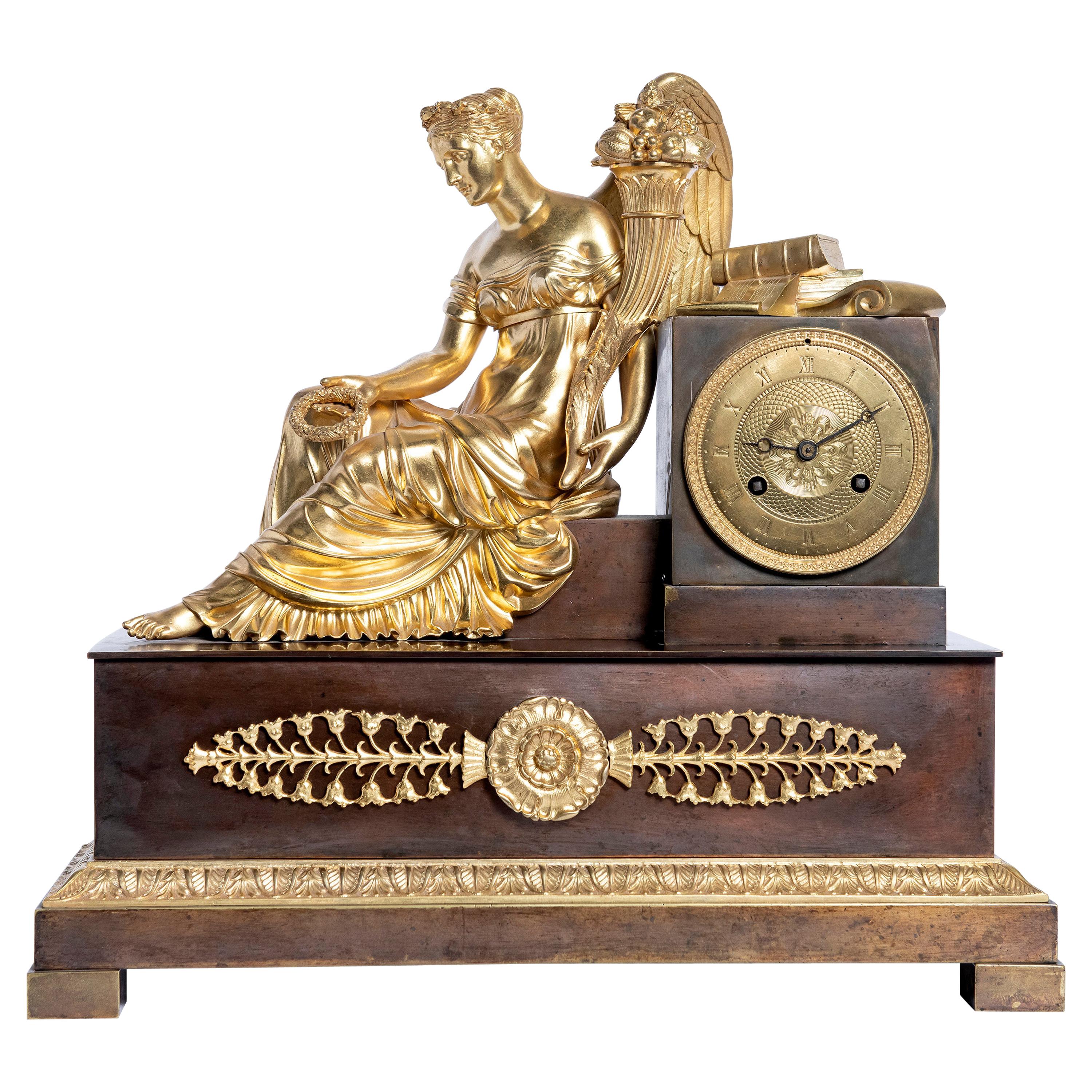 Gilt and Patinated Bronze Mantel Clock, Machine Signed L. Moinet, France