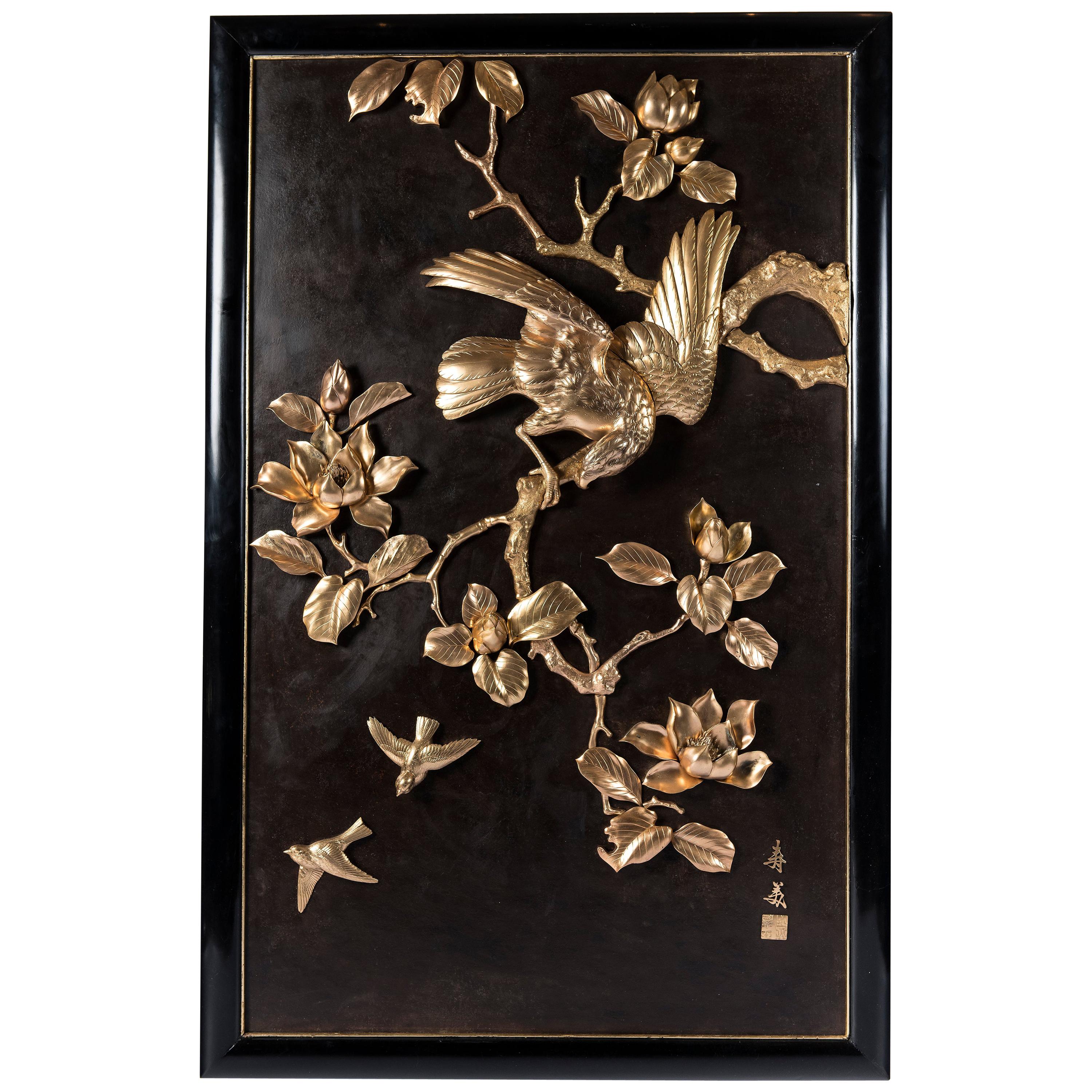 Gilt and Patinated Bronze Plaque, Japan, circa 1900 For Sale