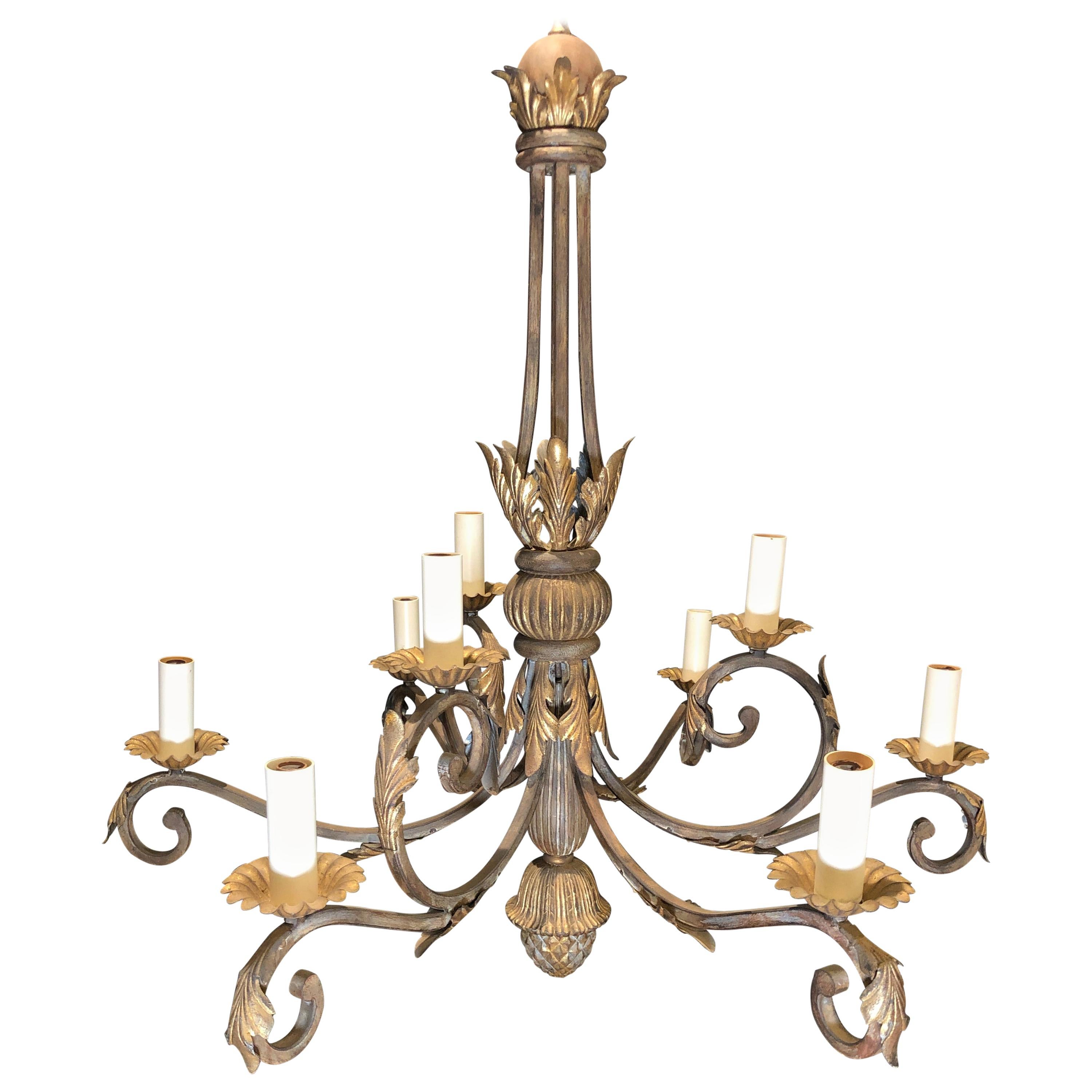 Gilt and Patinated Iron Chandelier For Sale