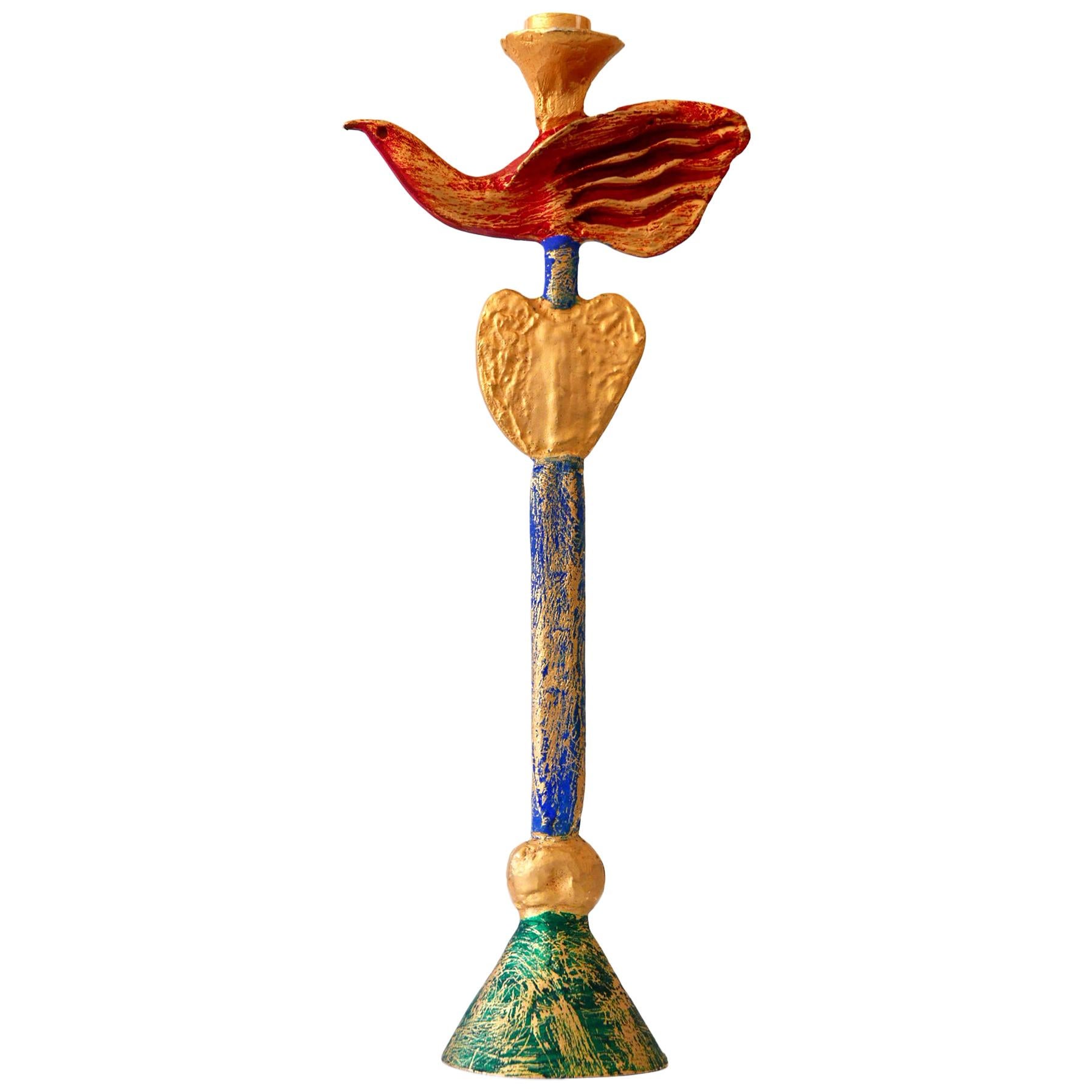 Gilt and Polychrome Bronze Dove Candlestick by Pierre Casenove, 1980s, France For Sale