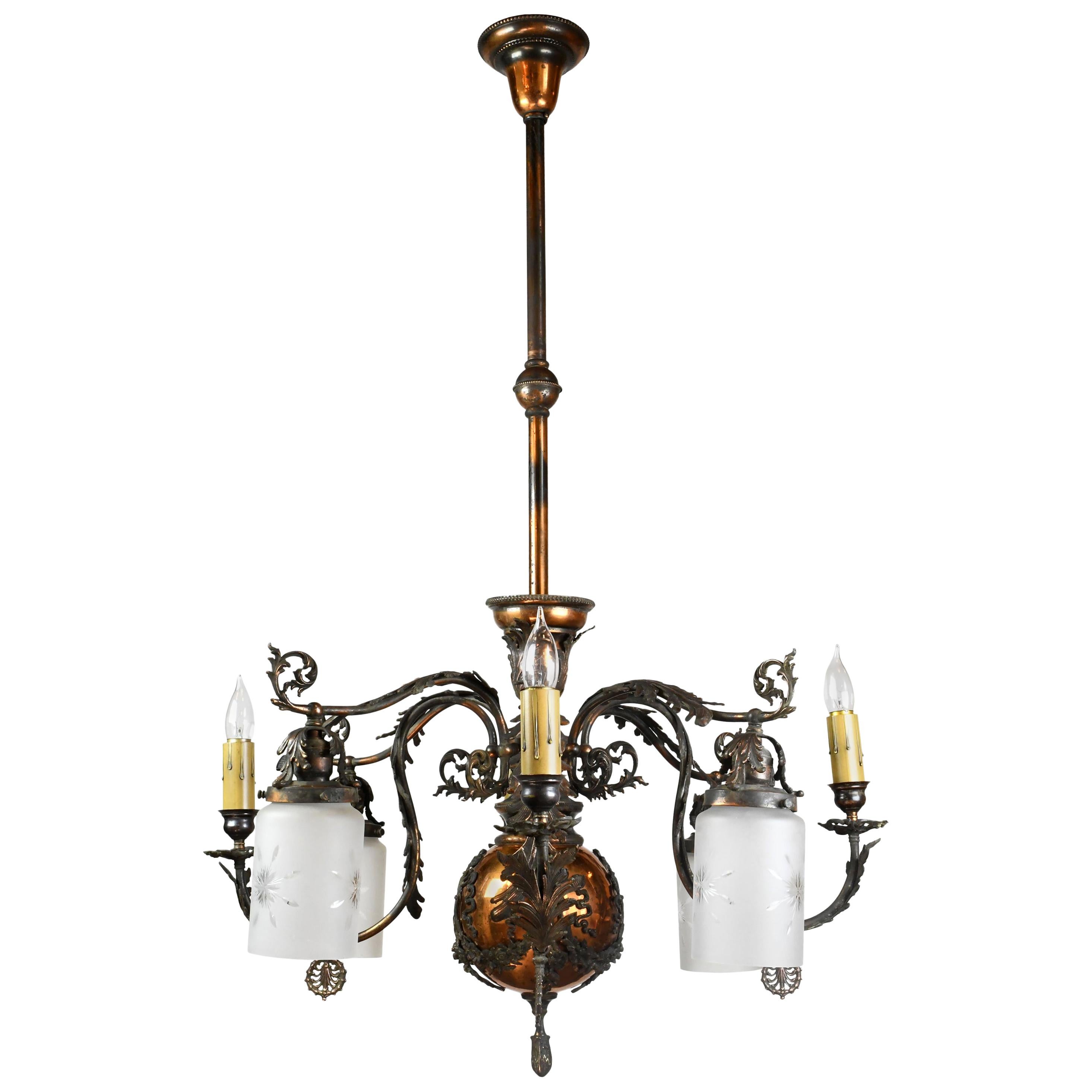 Gilt and Satin Gas and Electric Chandelier, circa 1890