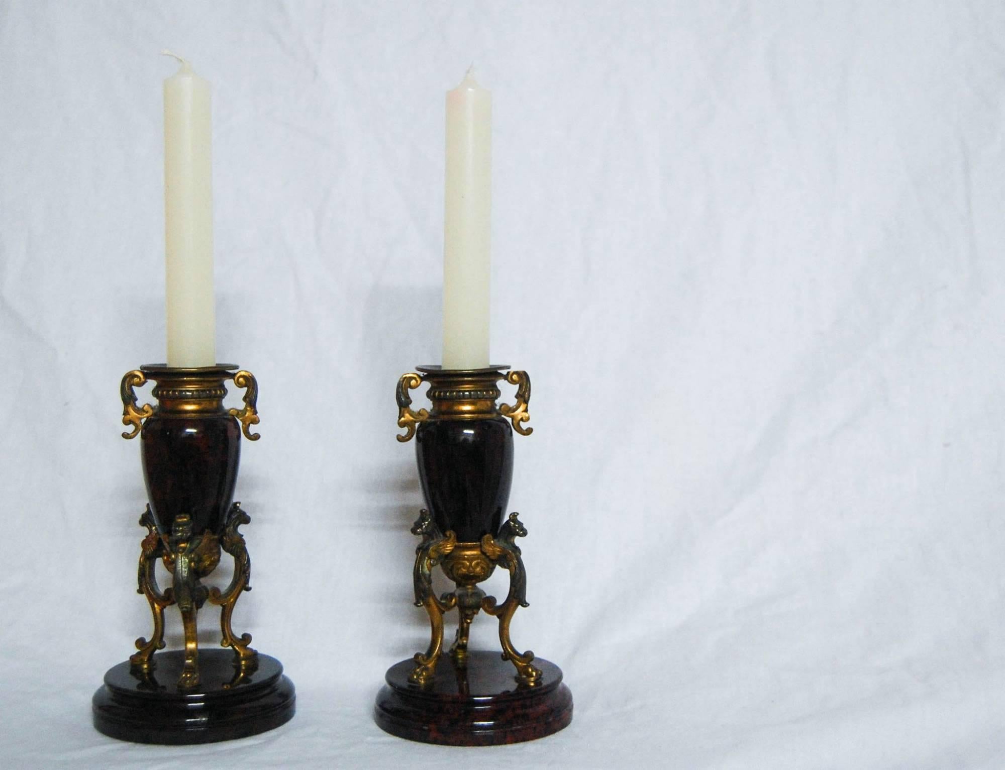 Gilt and Serpentine Candleholders In Excellent Condition In Salisbury, GB