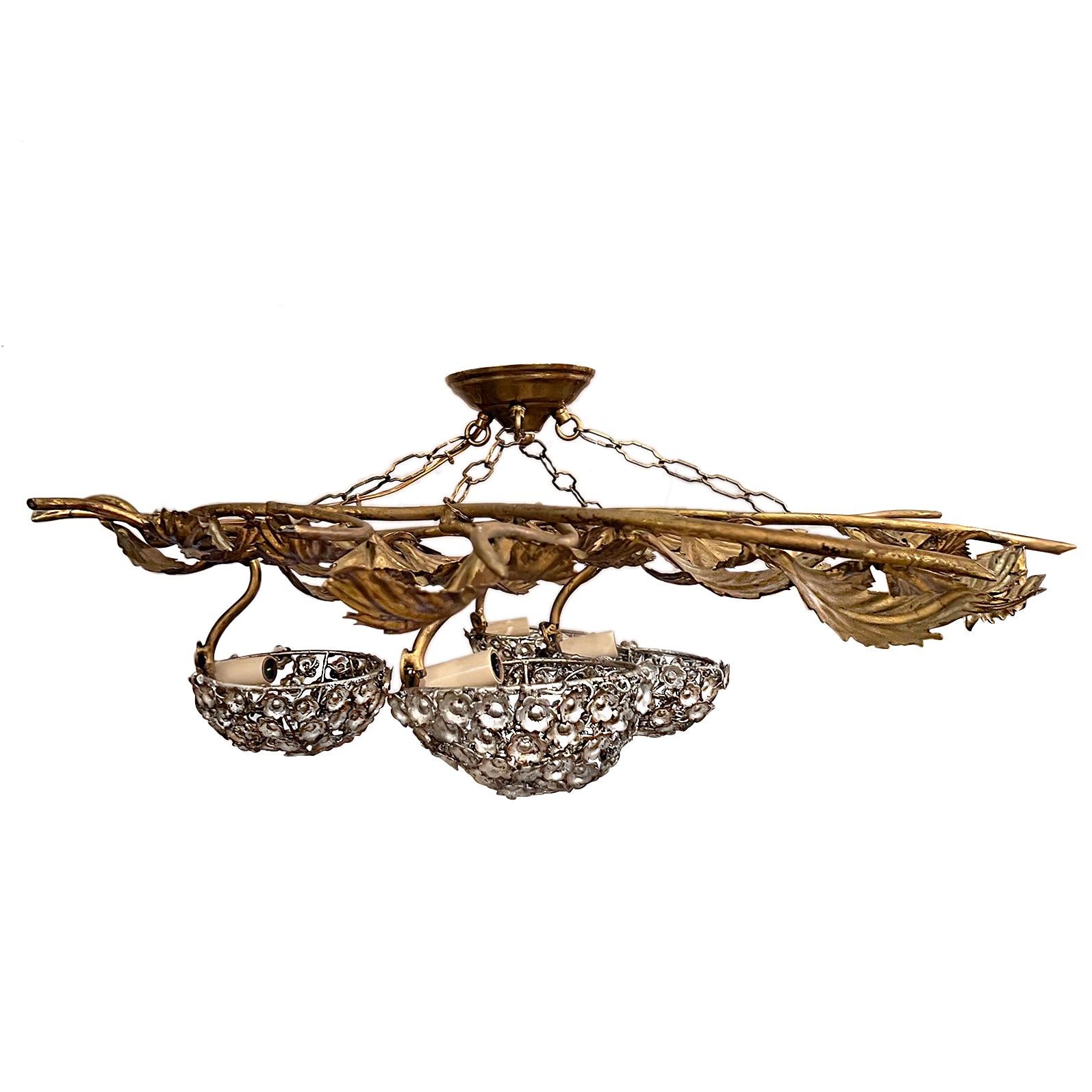 A circa 1960's Italian foliage and floral light fixture with 4 candelabra interior lights.

Measurements:
Min. drop: 16.5