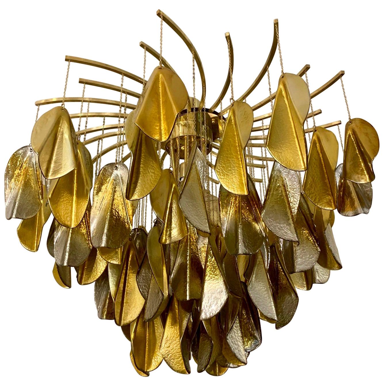 Gilt and Silvered Mirrored Murano Glass Cascade Oval Chandelier, 1980s