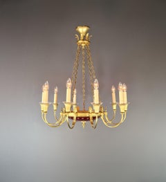 Gilt Antique Empire Lustre Neoclassical Patina Red Glas Brass Chandelier