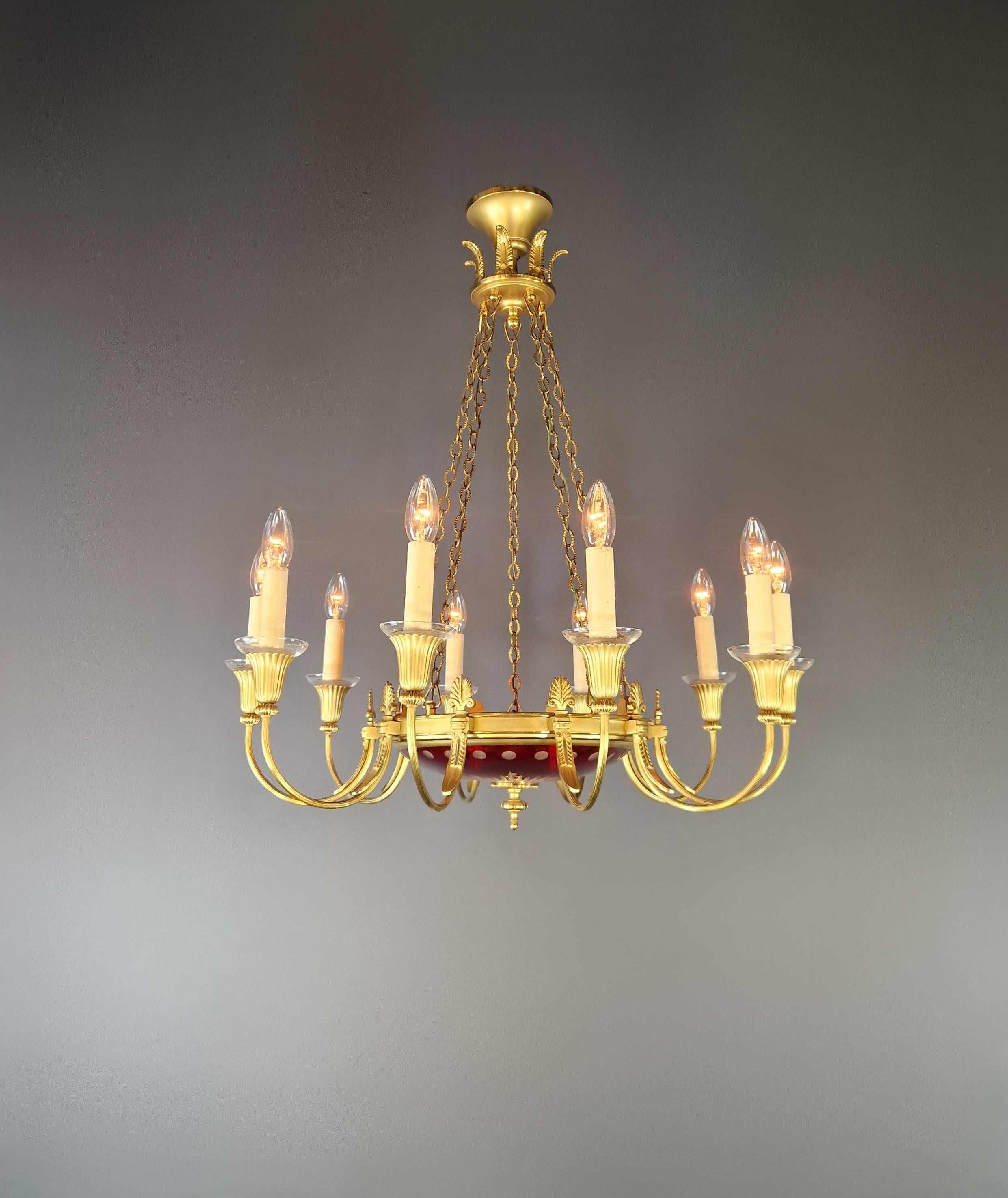 Art nouveau Lustre Empire Antiques Lustre Néoclassique Patine Rouge Glas Laiton en vente