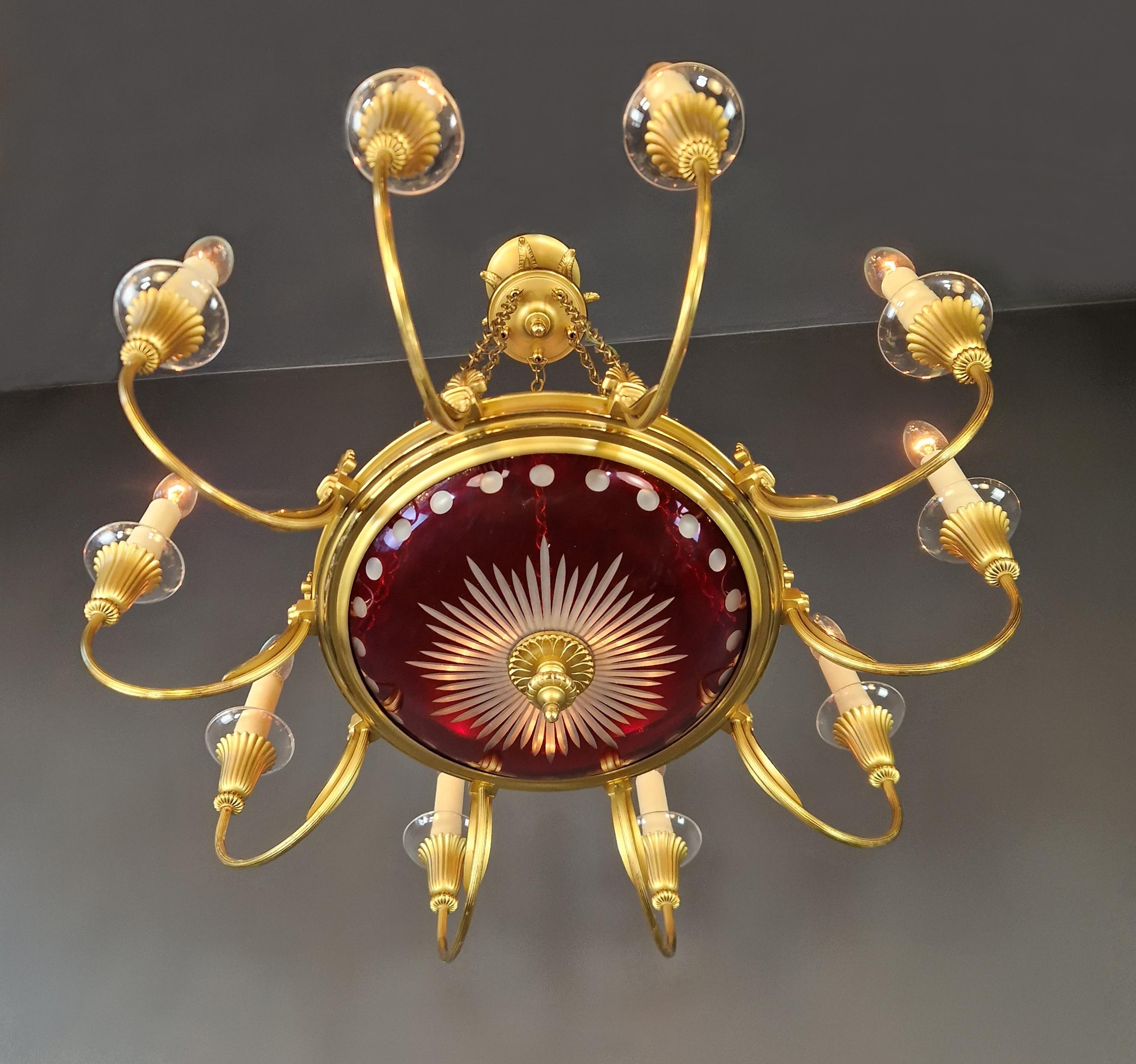 Lustre Empire Antiques Lustre Néoclassique Patine Rouge Glas Laiton Bon état - En vente à Berlin, DE