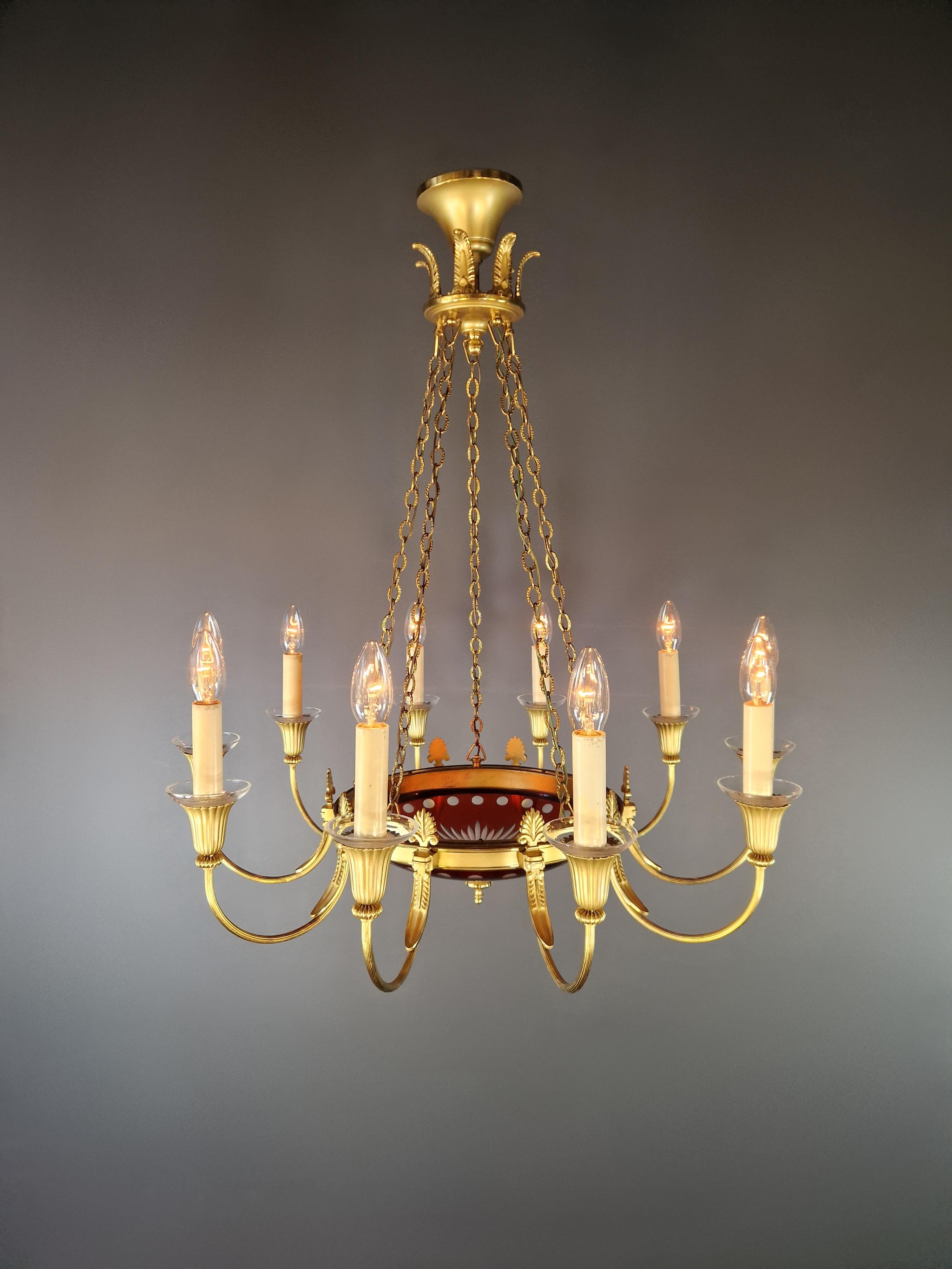 Lustre Empire Antiques Lustre Néoclassique Patine Rouge Glas Laiton en vente 1