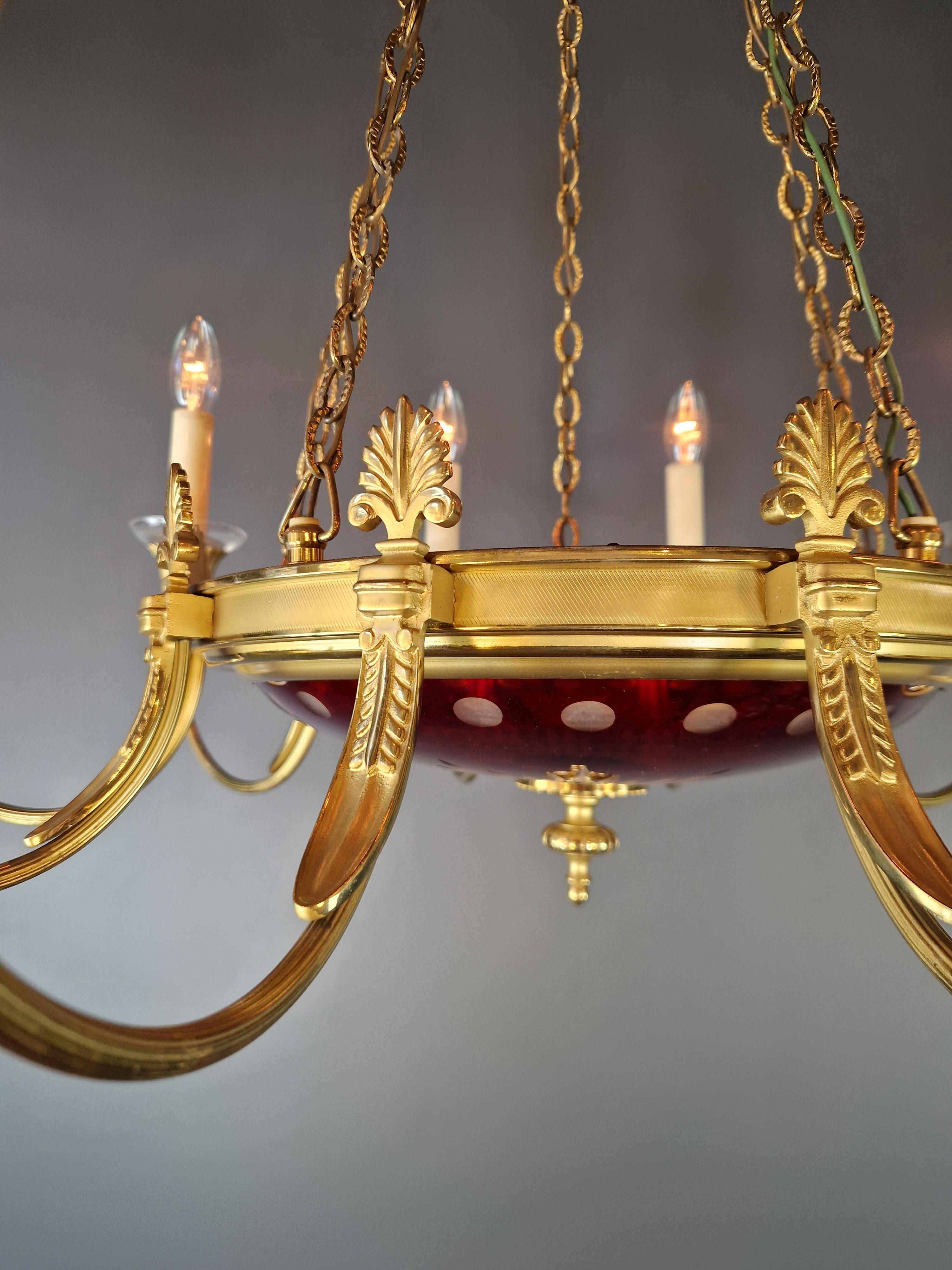 Lustre Empire Antiques Lustre Néoclassique Patine Rouge Glas Laiton en vente 2