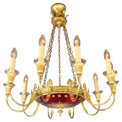 Lampadario d'ottone dorato antico impero con patina neoclassica rosso glas