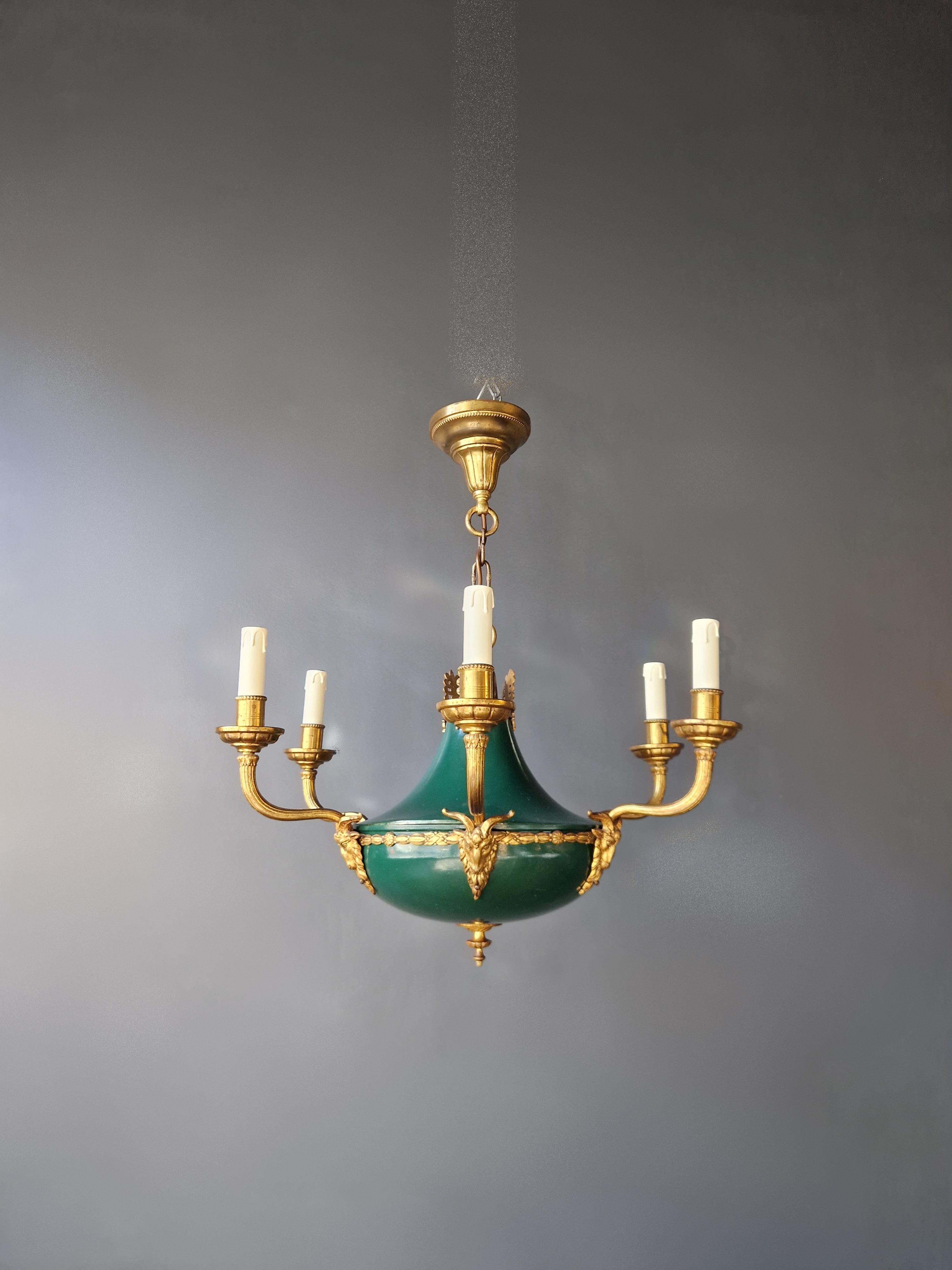 Gilt Antique Empire Lustre Neoclassical Patina Green Brass Chandelier For Sale 4